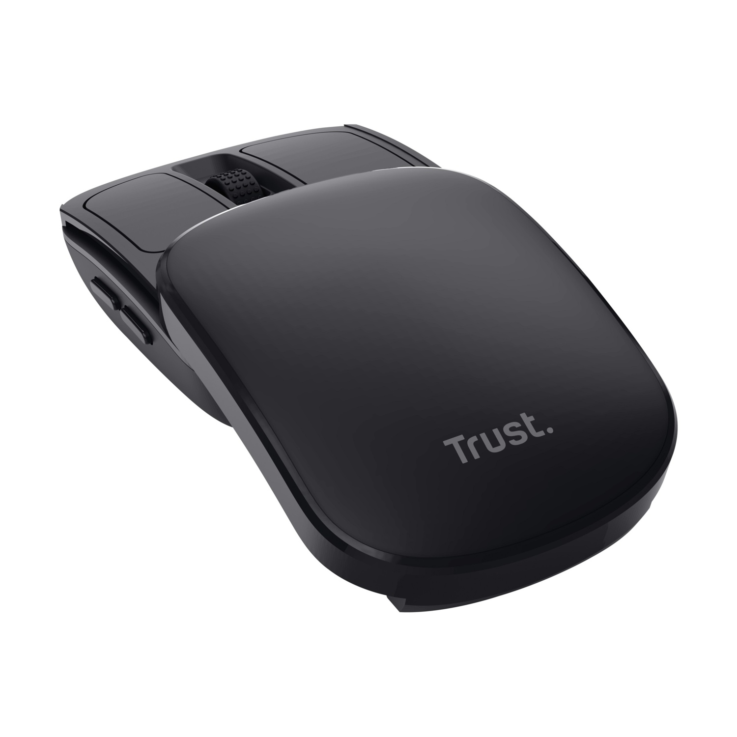 Mouse per computer wireless nero con un design curvo. La parola 'Trust' è stampata sul mouse. È su sfondo bianco.