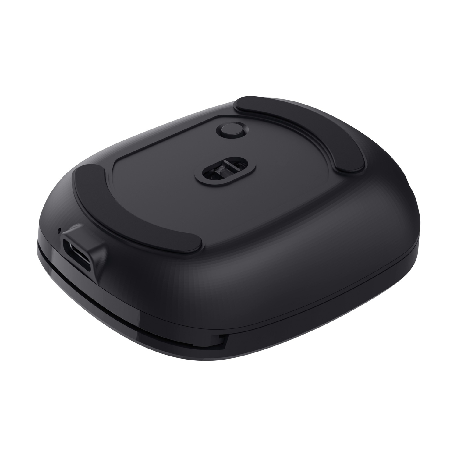 Lato inferiore di un dispositivo nero di forma ovale. Ha due cuscinetti in gomma neri, una porta USB e un interruttore.