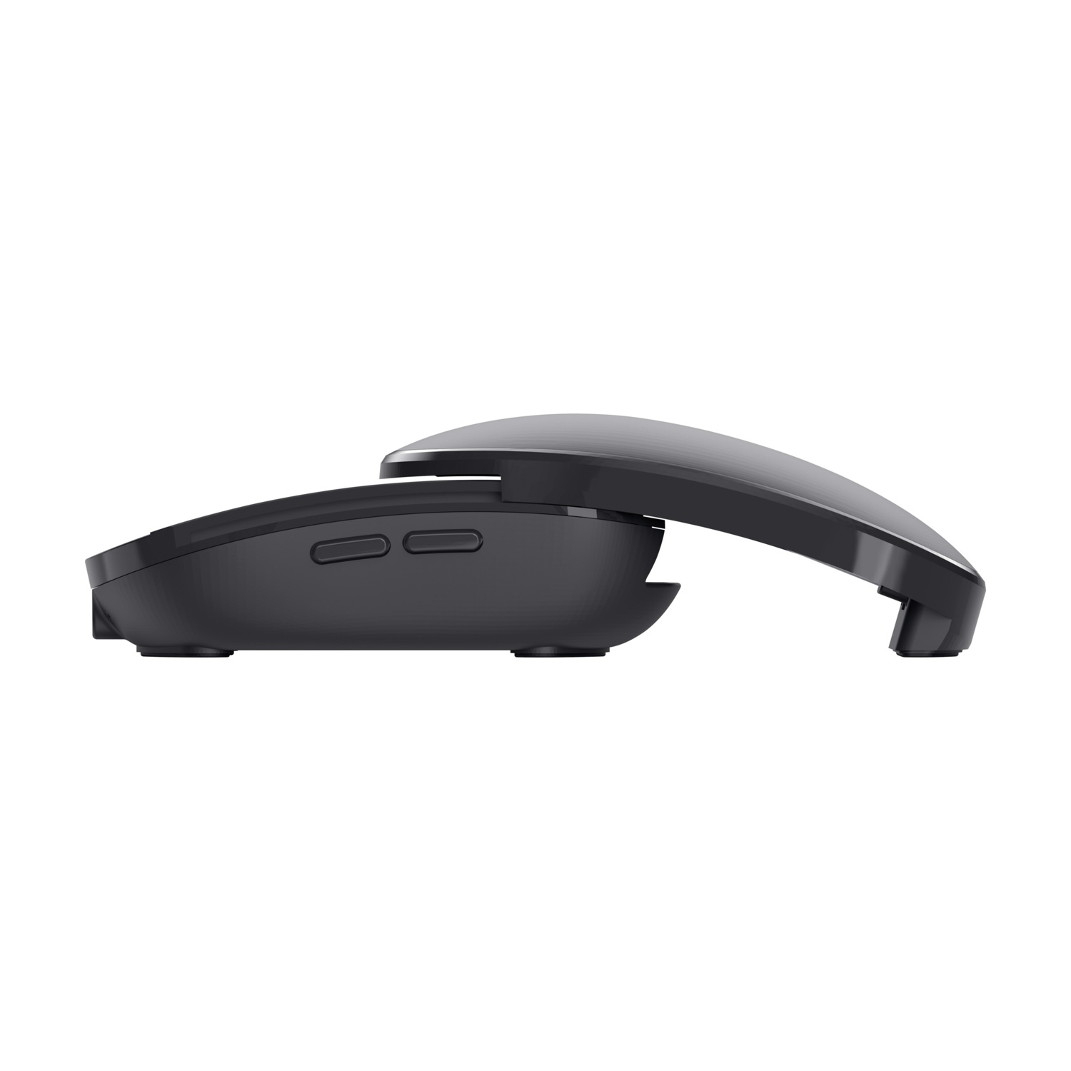 Un mouse per computer nero è mostrato di profilo. La parte superiore è parzialmente aperta. Due pulsanti sono visibili sul lato.