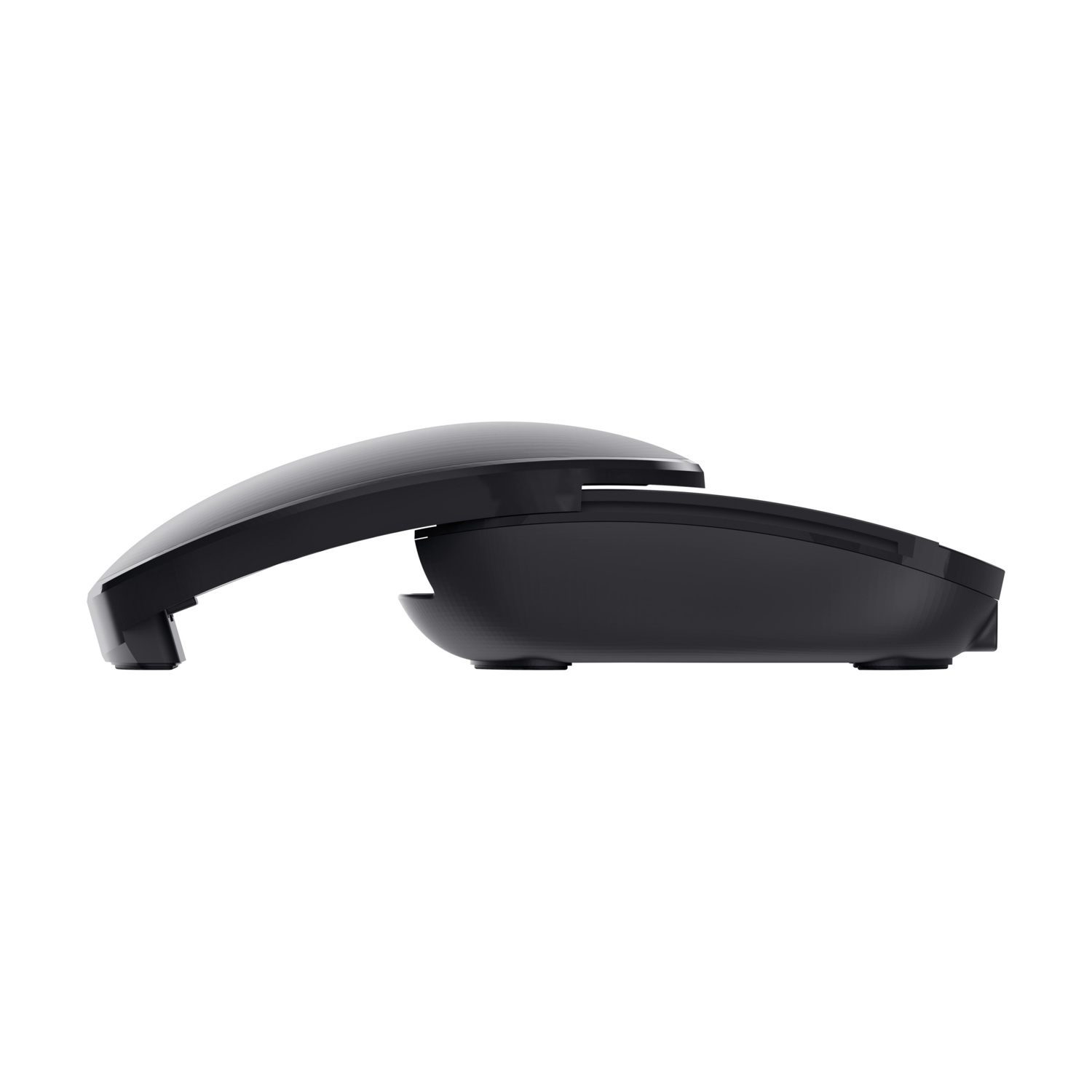 Un ricevitore telefonico nero e moderno è leggermente sollevato dalla sua base. Entrambi i pezzi sono neri su sfondo bianco.