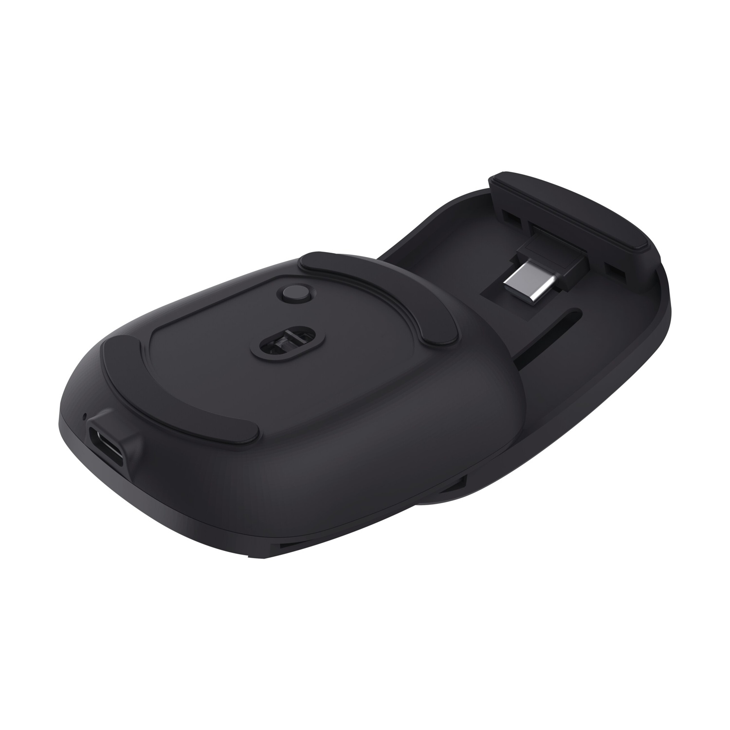 Mouse nero e base di ricarica. Il mouse è aperto, rivelando una porta USB-C. La base di ricarica ha anche una porta USB-C.