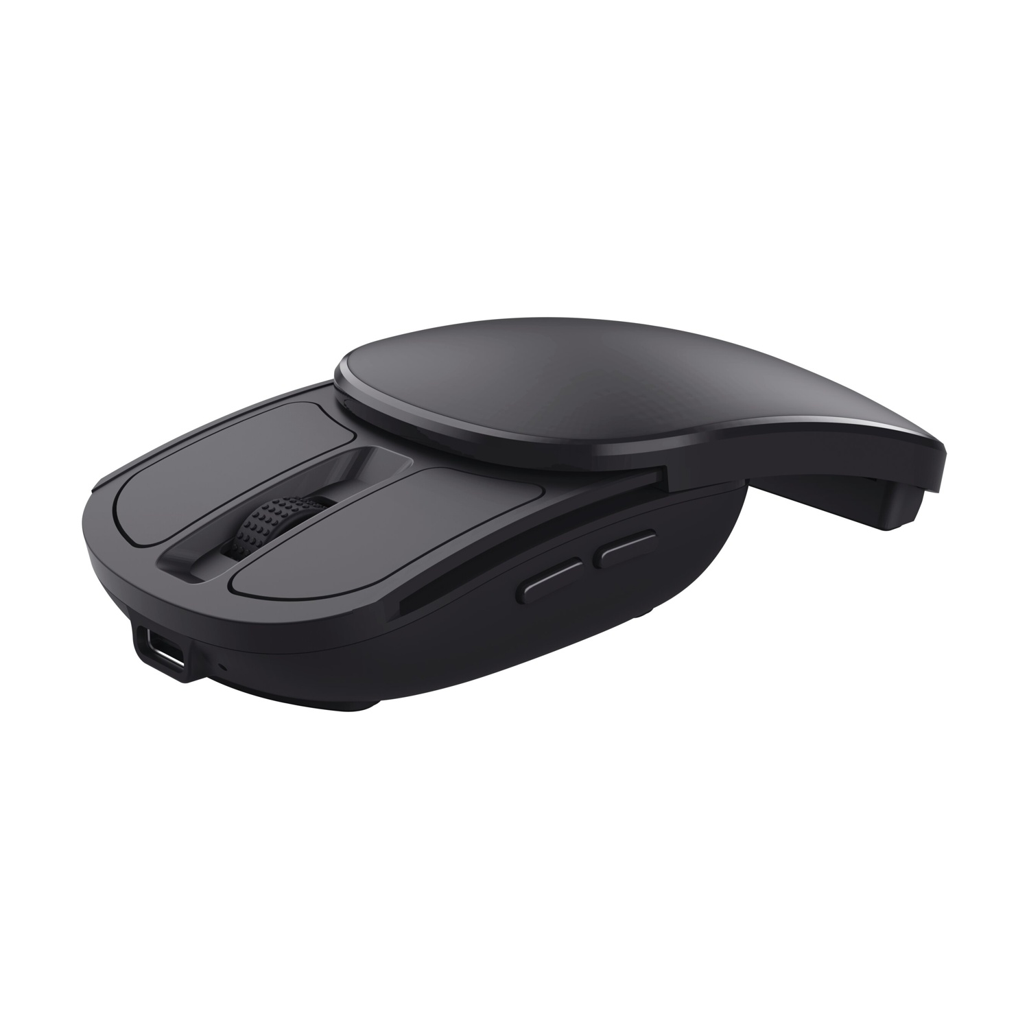Viene mostrato un mouse per computer wireless nero. Ha un design curvo con pulsanti, una rotella di scorrimento e una porta USB. Lo sfondo è bianco.
