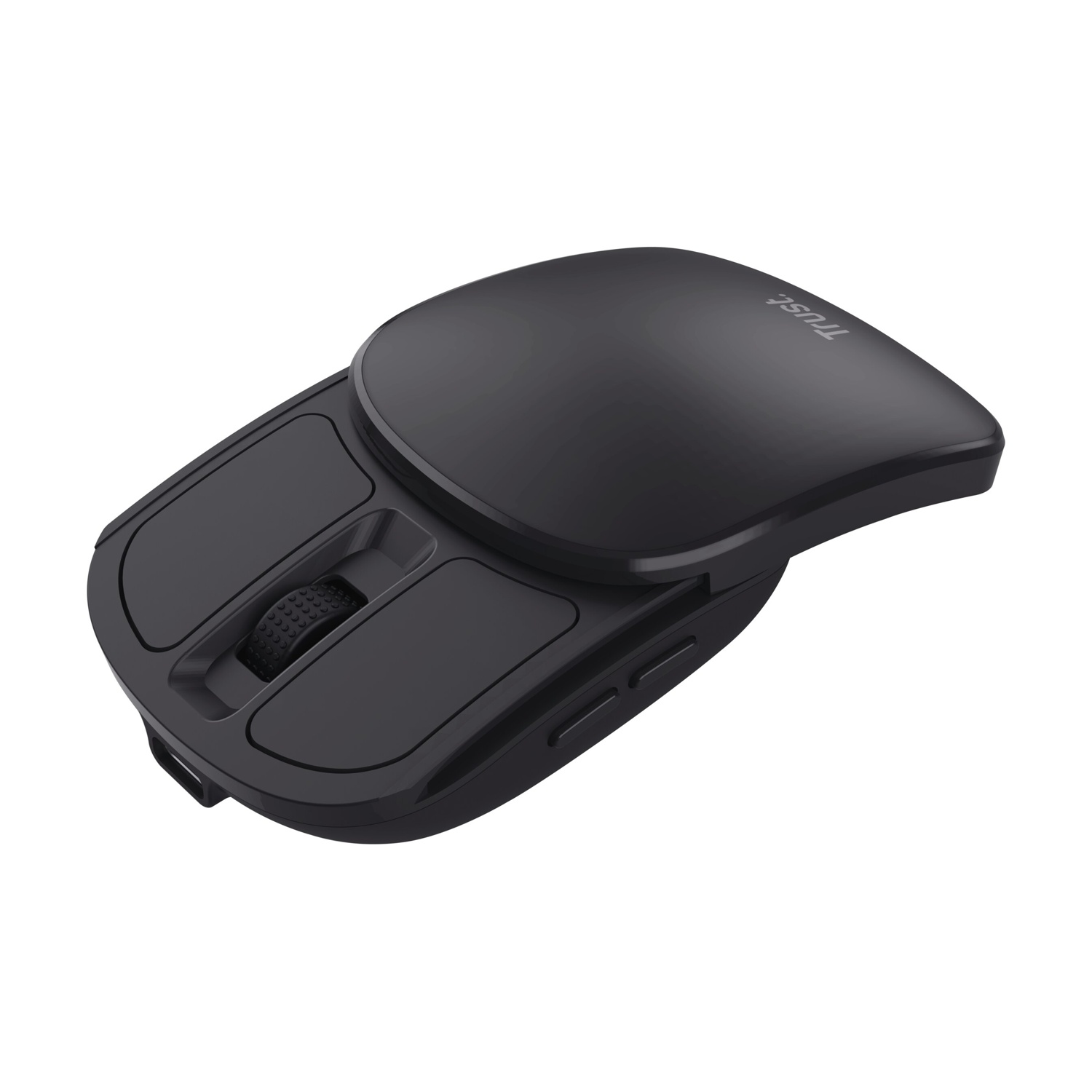 Mouse per computer wireless nero con il marchio 'Trust'. Ha una rotella di scorrimento e due pulsanti laterali.