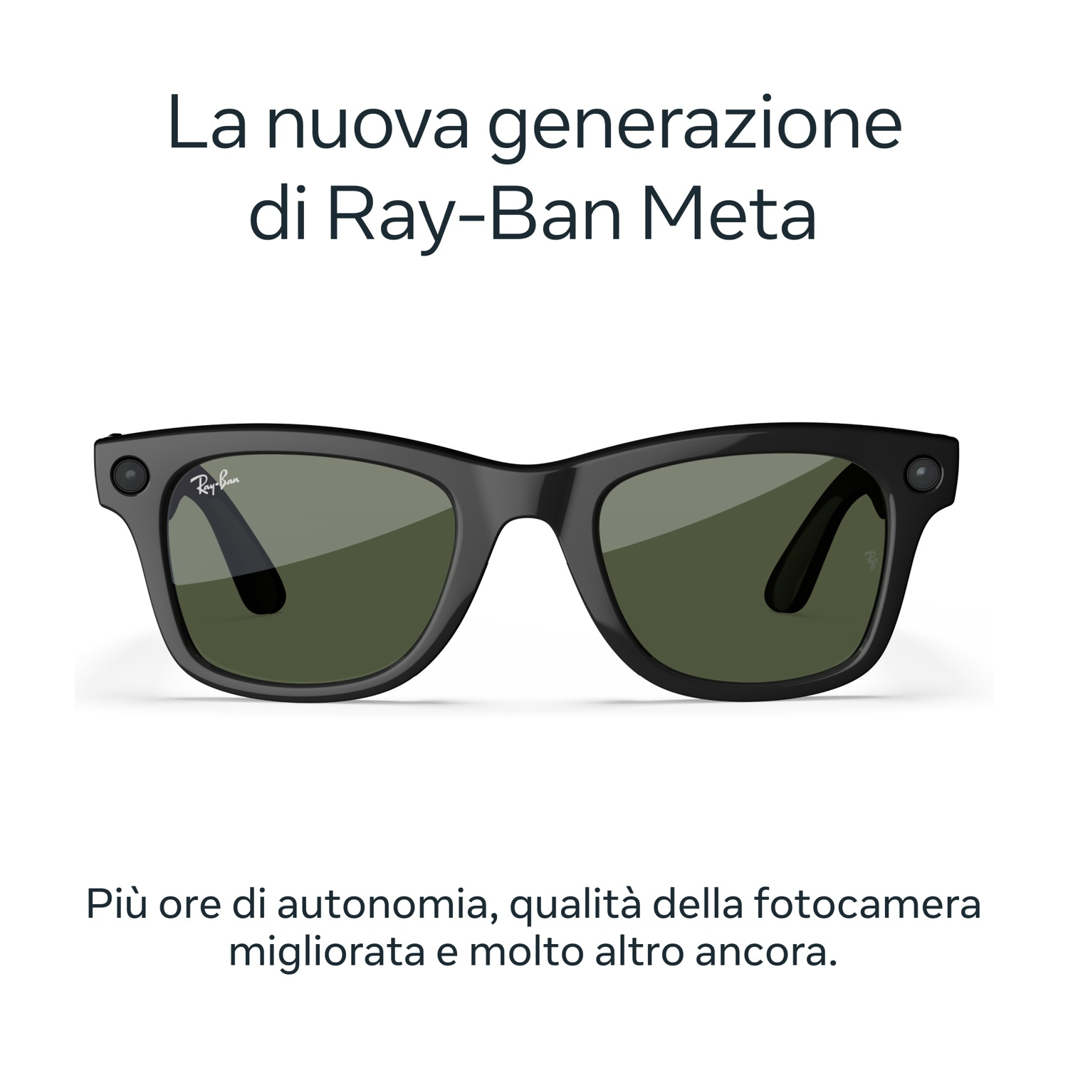 Occhiali da sole Ray-Ban Meta neri con lenti verdi. Testo sopra: 'La nuova generazione di Ray-Ban Meta'. Sotto: 'Più ore...'