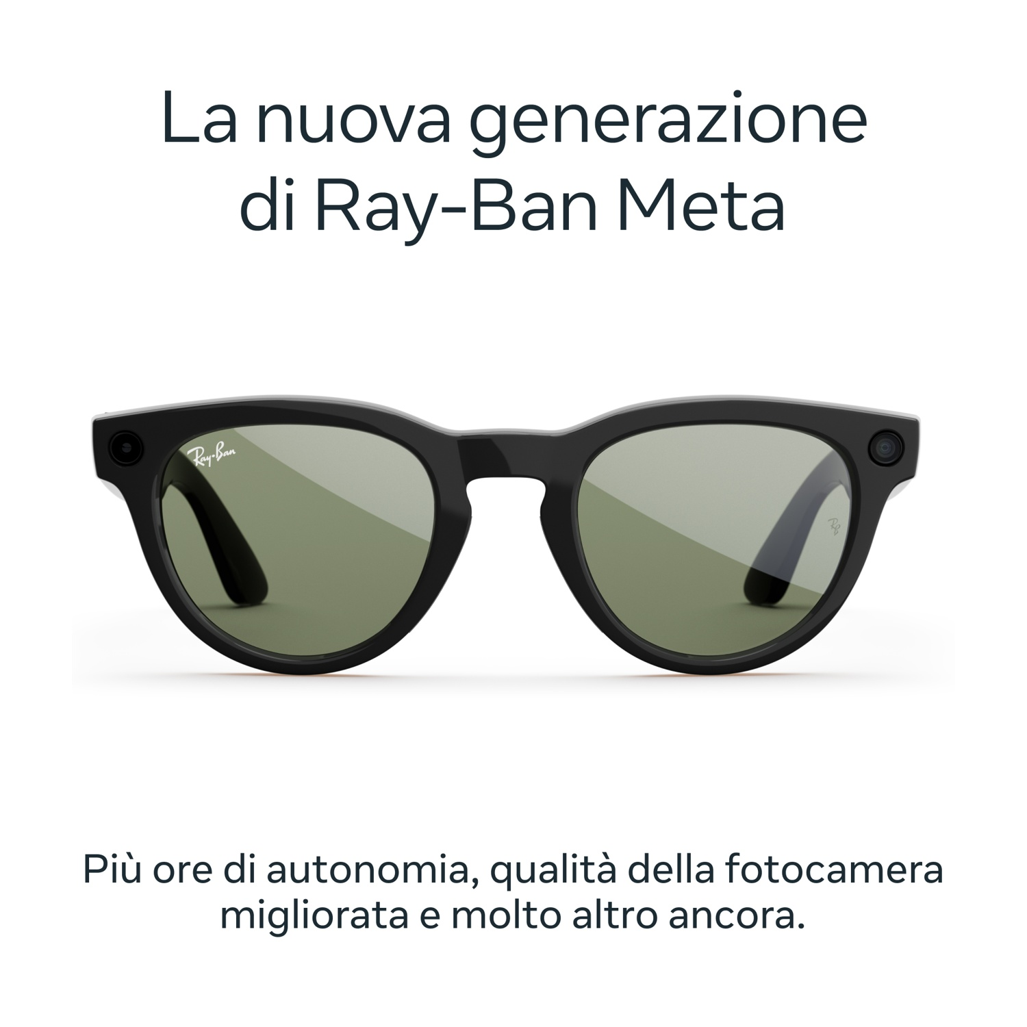 Sono mostrati occhiali intelligenti Ray-Ban Meta neri con lenti verdi. Il testo in alto recita: 'La nuova generazione di Ray-Ban Meta'.