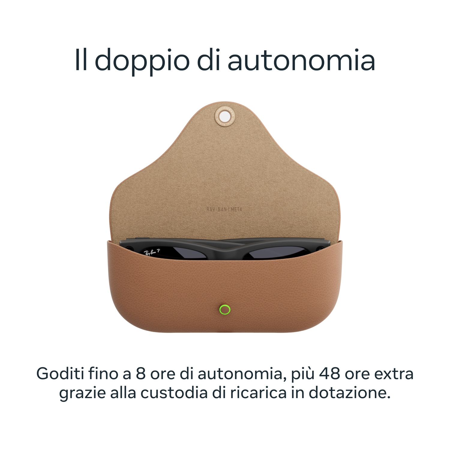 Un astuccio in pelle marrone aperto con occhiali da sole neri. Il testo in alto dice 'Il doppio di autonomia'.