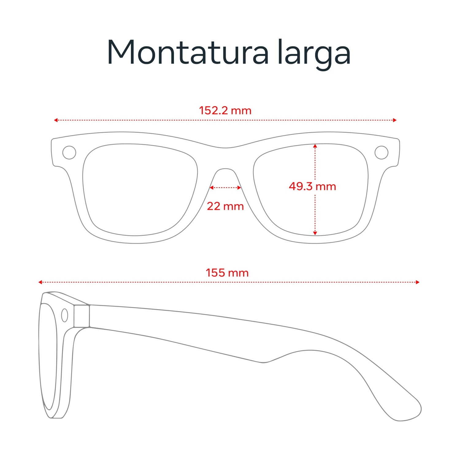 Diagramma di occhiali con dimensioni in mm: 152,2, 49,3, 22 e 155. Il testo "Montatura larga" è in alto.