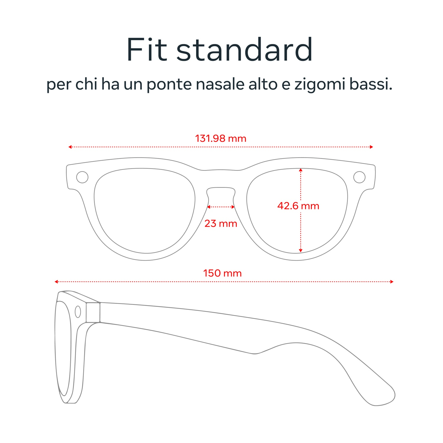 Diagramma degli occhiali con misure. La vista dall'alto mostra la larghezza della lente, la larghezza del ponte e l'altezza della lente. Vista laterale.