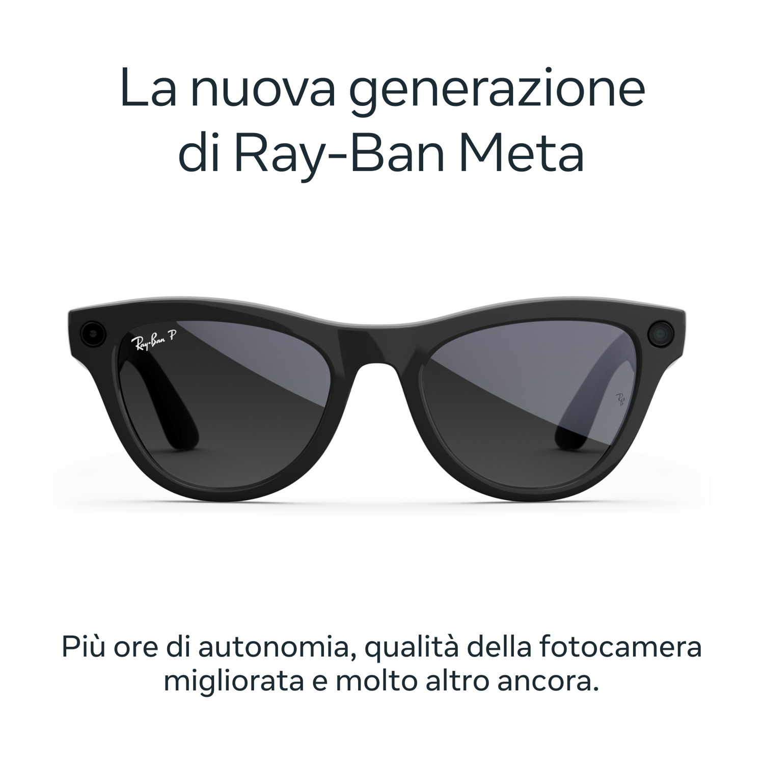 Occhiali intelligenti Ray-Ban Meta neri. Il testo in alto dice 'La nuova generazione di Ray-Ban Meta'. Il testo in basso dice 'Più ore...'