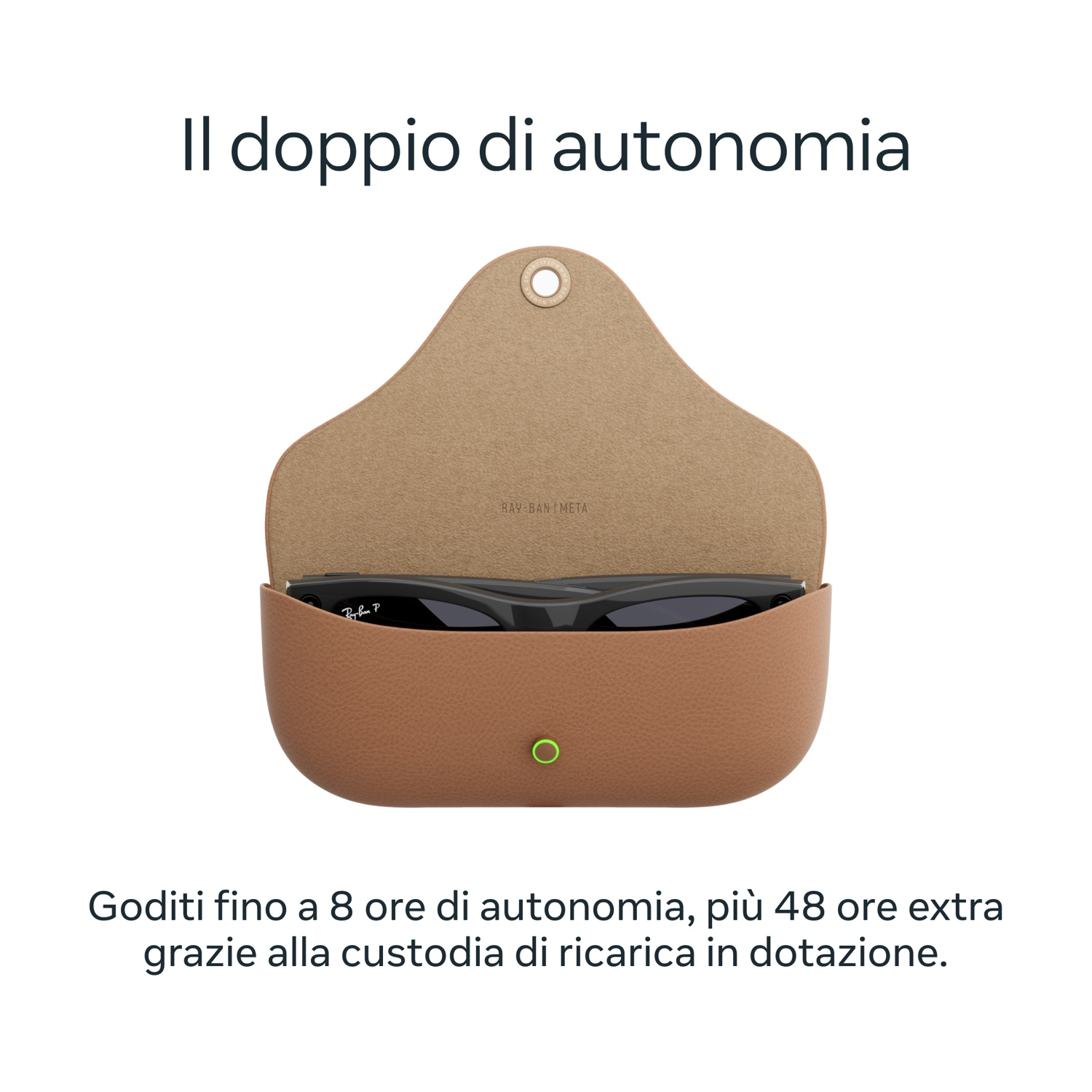 Un astuccio Ray-Ban con occhiali da sole dentro. Il testo sopra dice 'Il doppio di autonomia'. Sotto, 'Goditi fino a 8 ore di autonomia...'