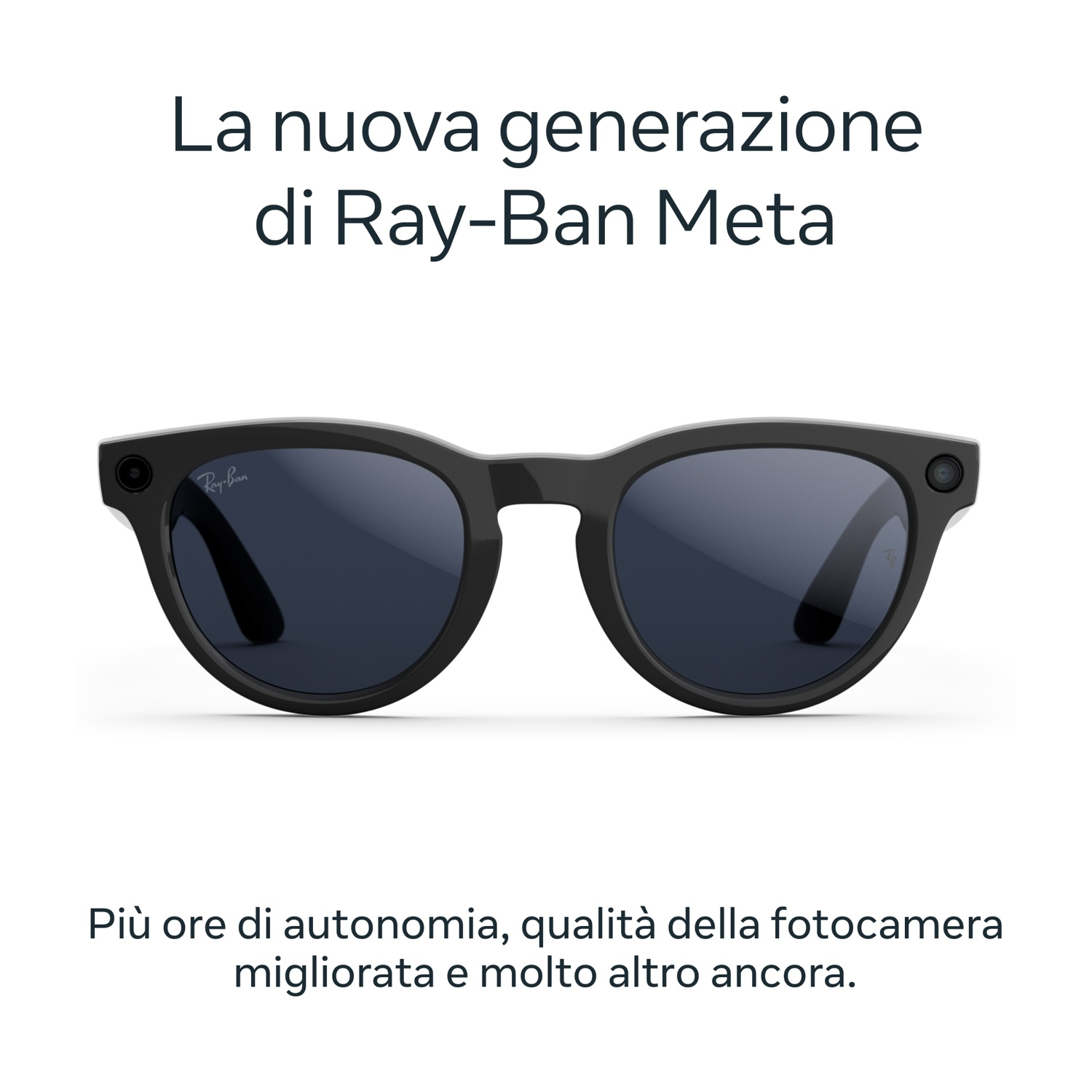 Occhiali da sole Ray-Ban Meta neri su sfondo bianco. Il testo recita "La nuova generazione di Ray-Ban Meta" e le caratteristiche.