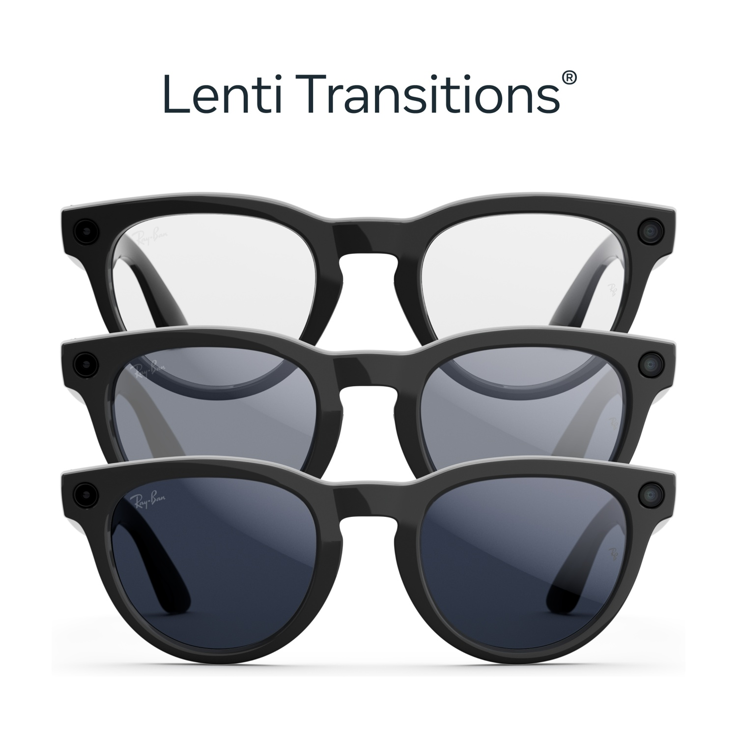 Tre paia di occhiali intelligenti Ray-Ban che mostrano transizioni delle lenti: chiare, grigie e scure. Il testo "Lenti Transitions" in alto.