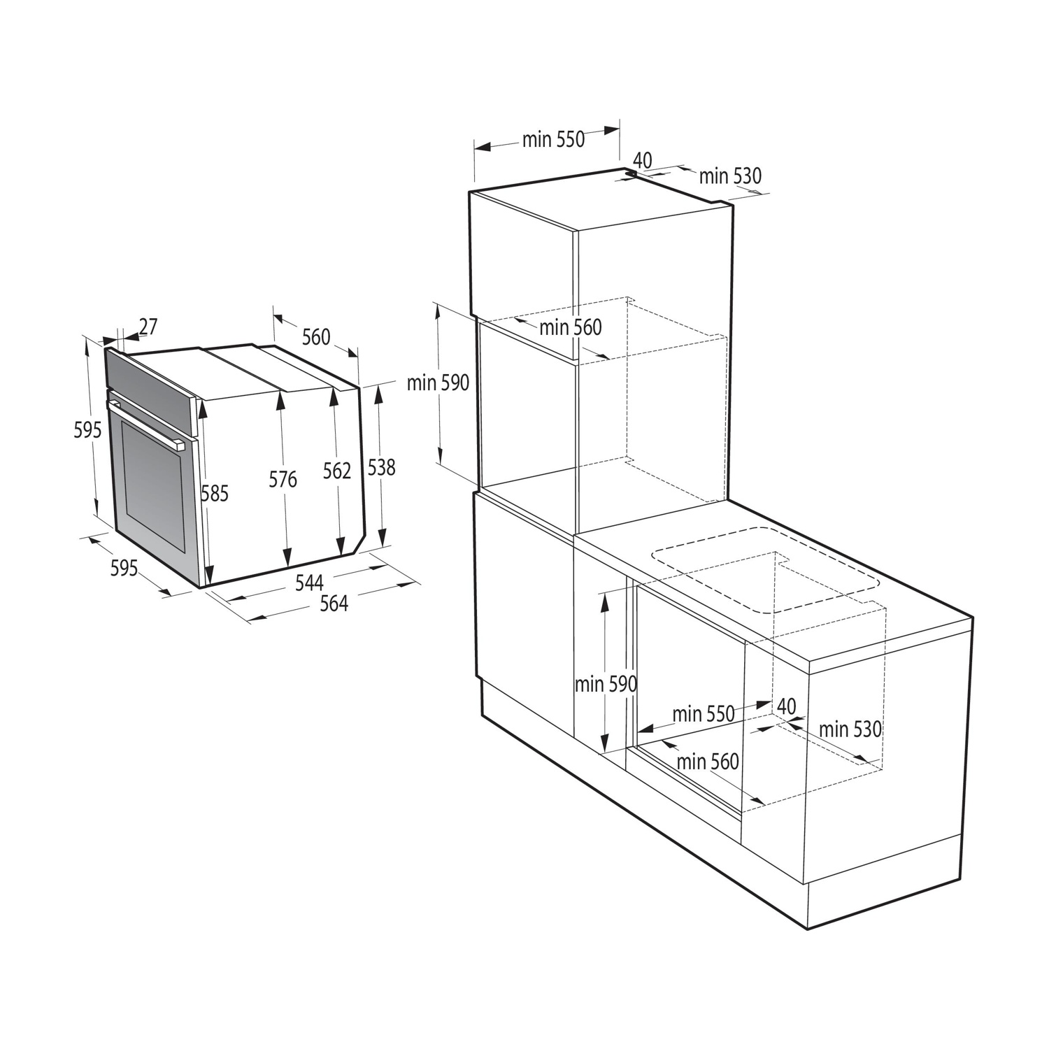 Un diagramma che mostra le dimensioni di un elettrodomestico da cucina, tra cui un forno e un piano di lavoro con misure in millimetri.