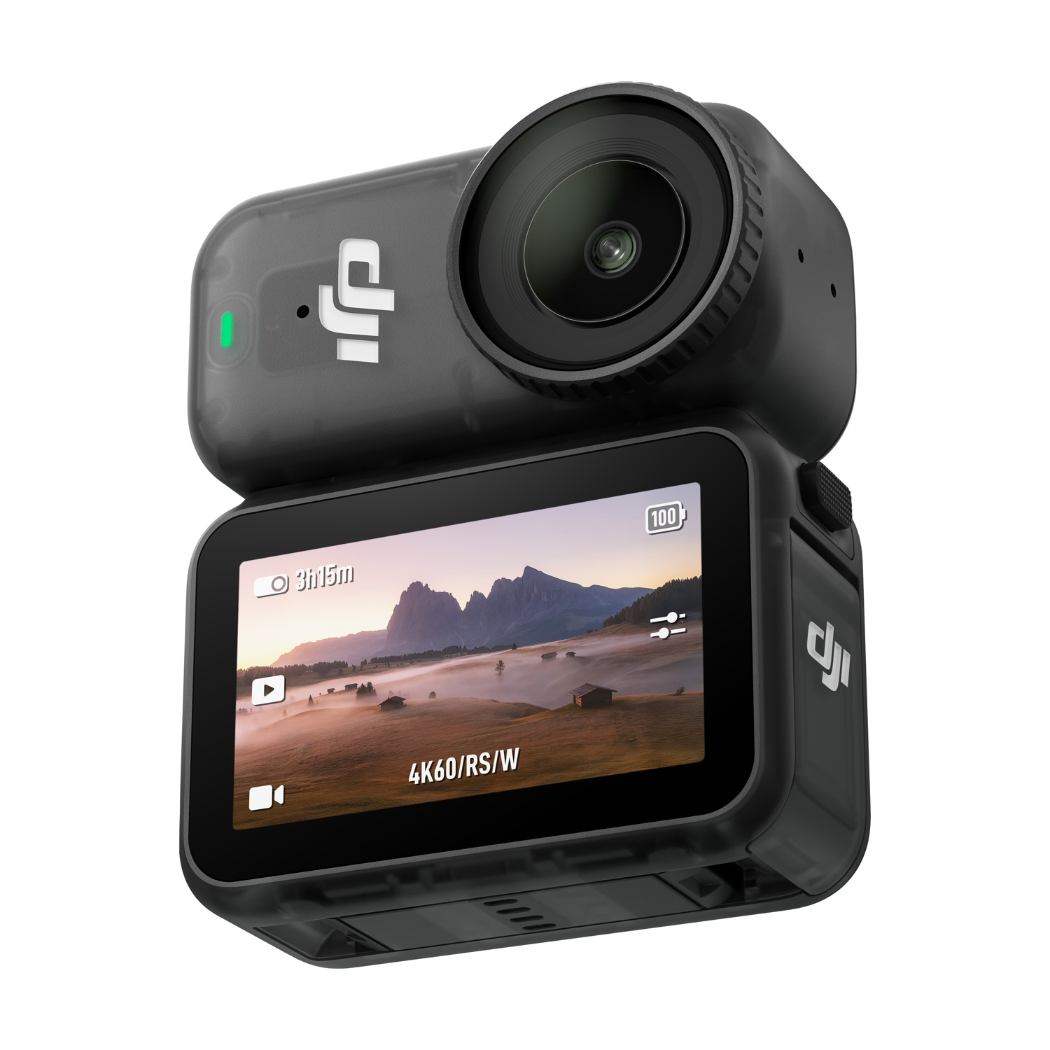 Una action cam nera con uno schermo che mostra un paesaggio. La fotocamera ha un obiettivo in alto ed è visibile il logo DJI.