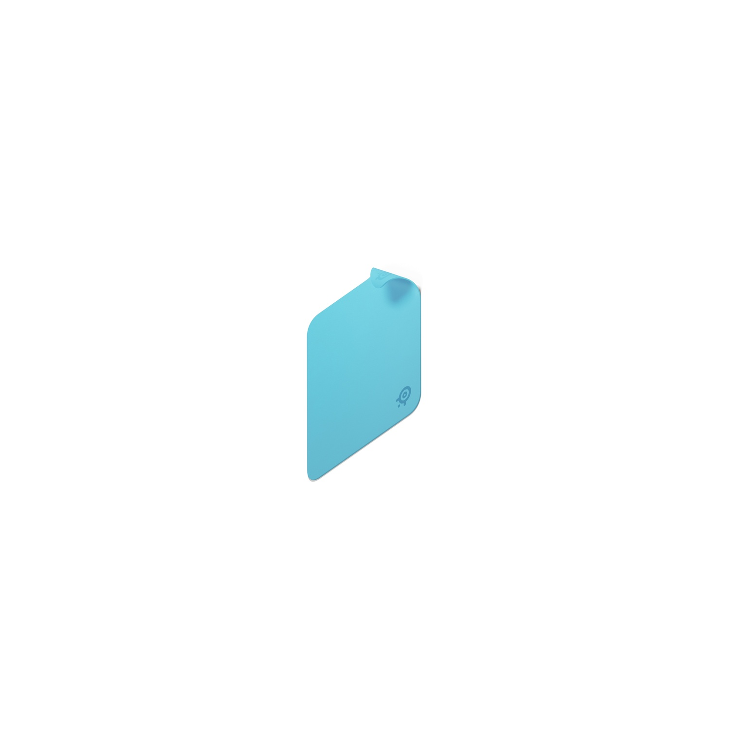 Een lichtblauwe, abstracte vorm met een gebogen bovenkant en een logo rechtsonder, tegen een witte achtergrond.