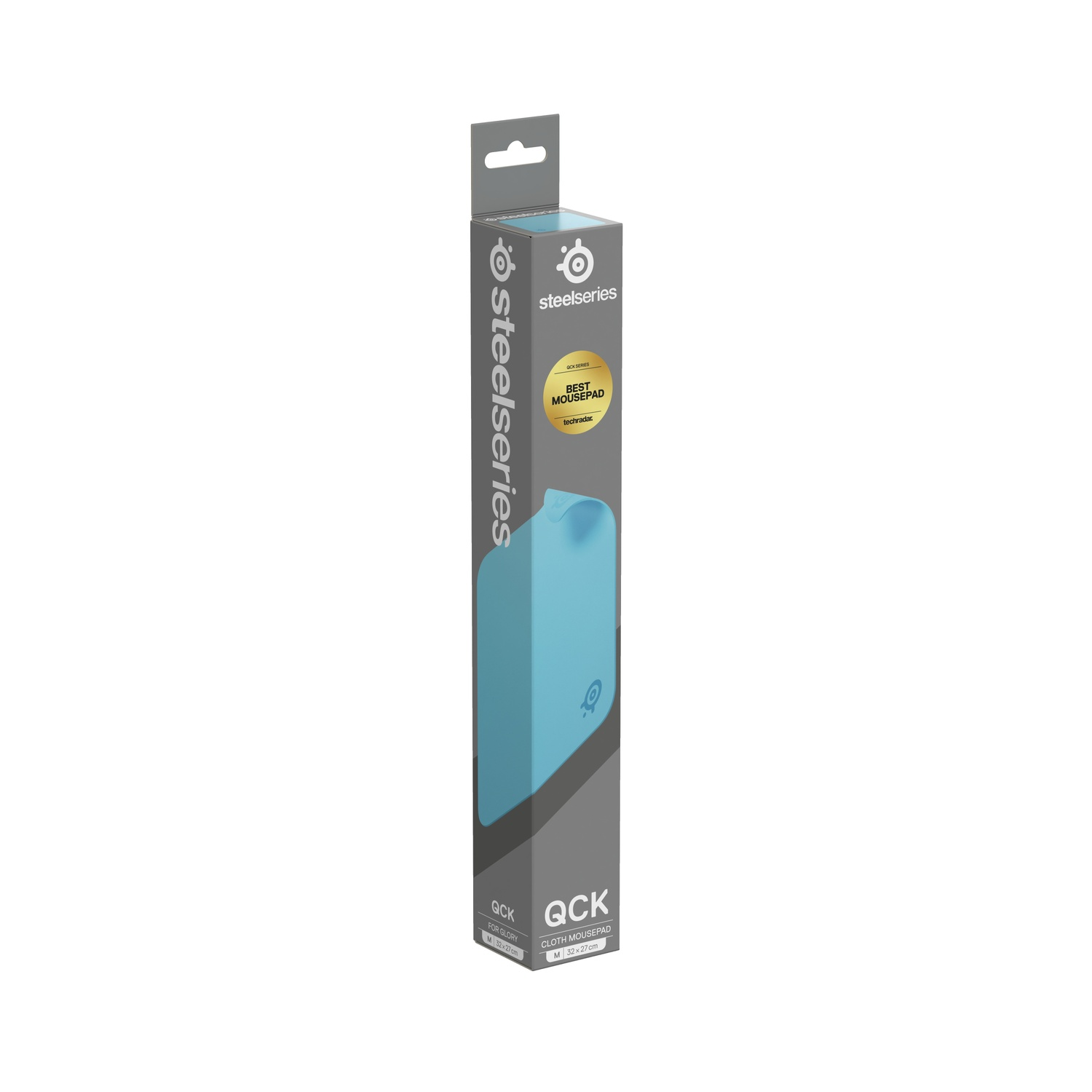 Een SteelSeries QCK stoffen muismat in de verpakking. De verpakking is hoog, met teal en grijze kleuren en heeft het SteelSeries logo.