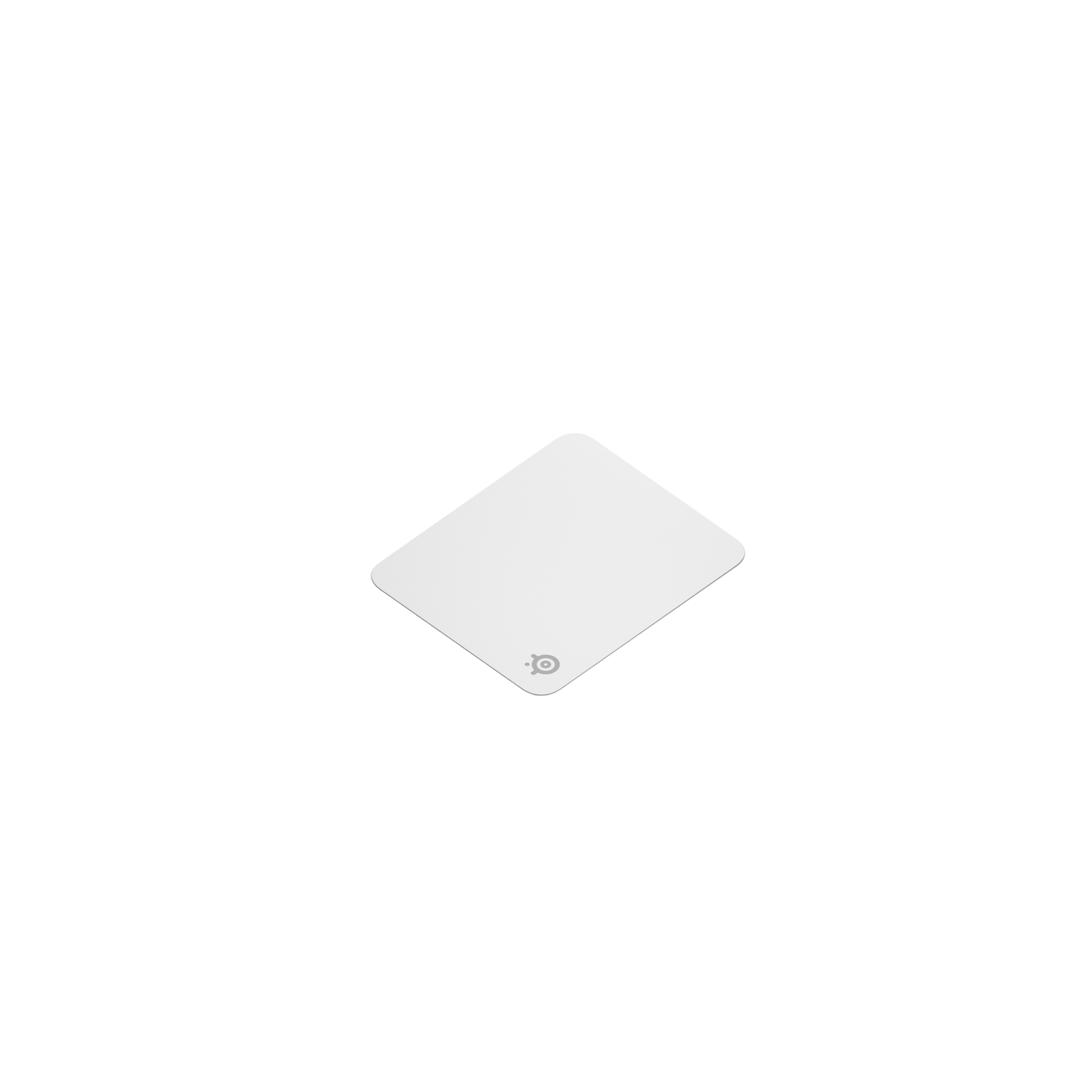 Een witte rechthoekige muismat met afgeronde hoeken, iets schuin. Een klein grijs logo staat in de rechter benedenhoek.