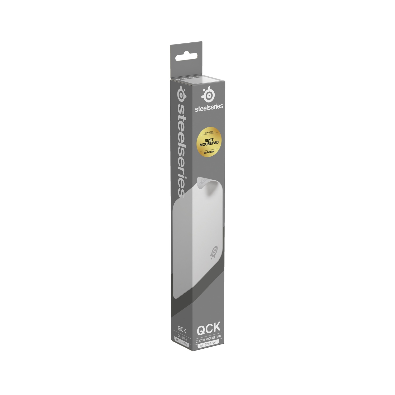 Een SteelSeries QCK stoffen muismat in de verpakking. De doos is wit en grijs met het SteelSeries logo en tekst.