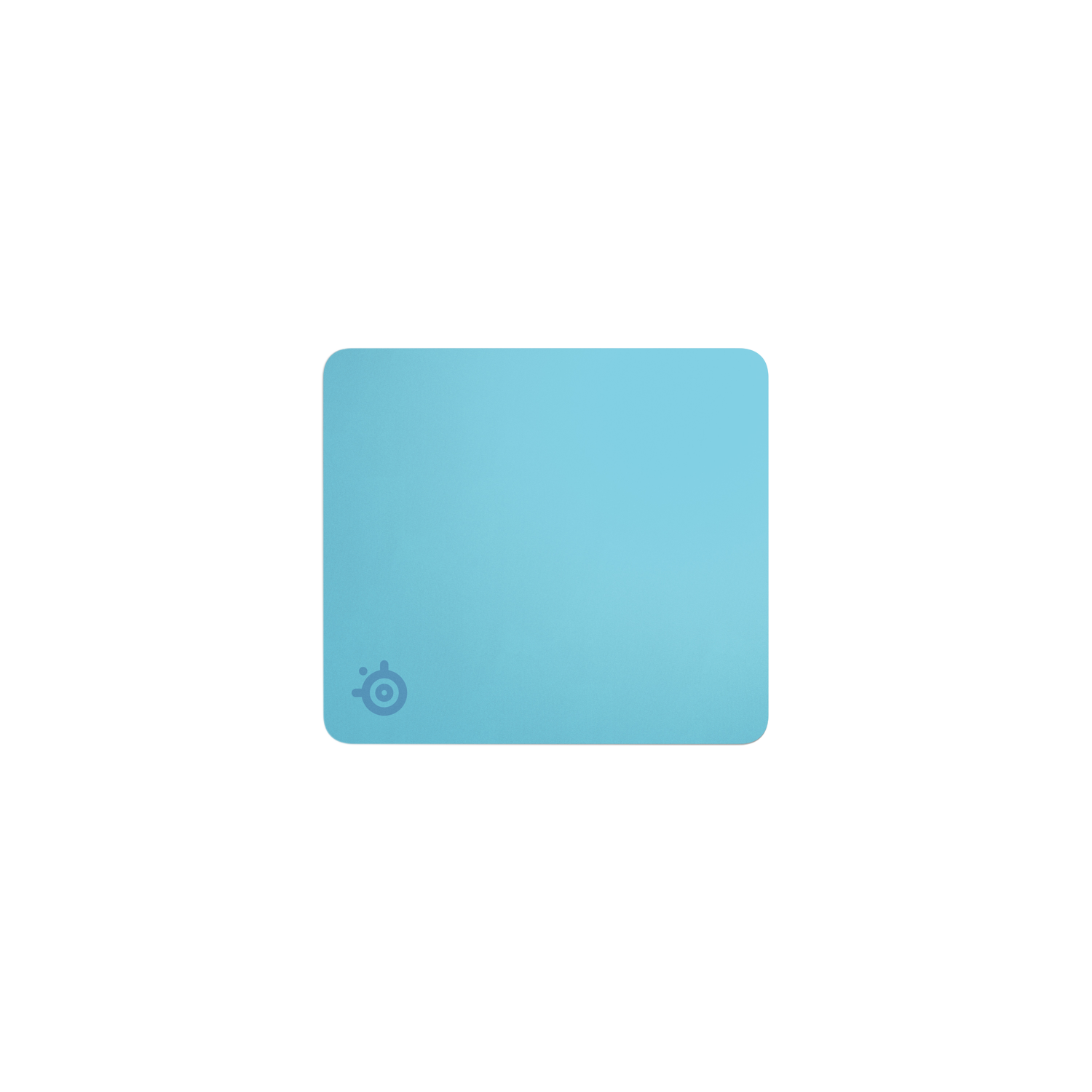 Un tapis de souris carré bleu clair avec des coins arrondis. Le logo SteelSeries est en bas à gauche. Fond blanc.