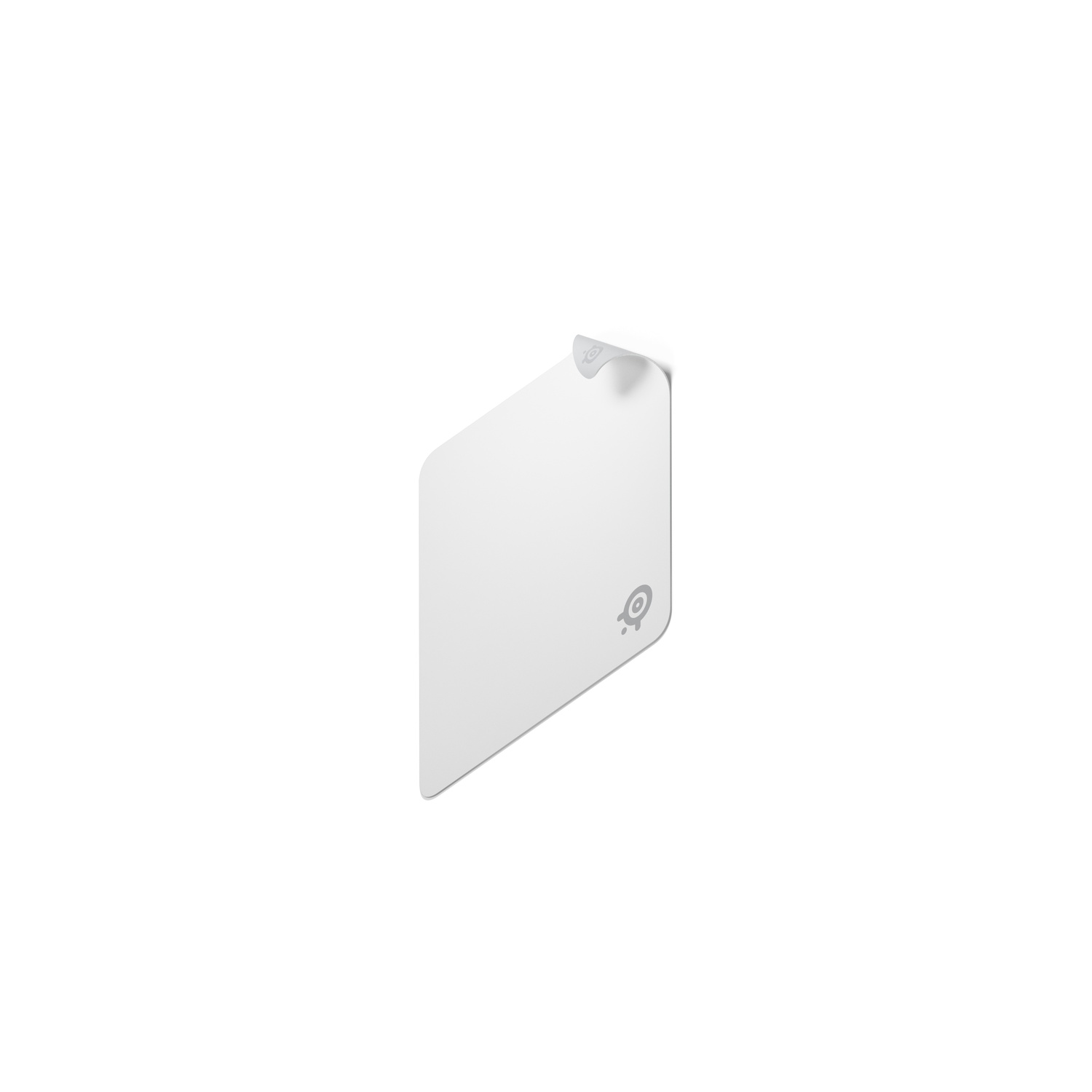 Une étiquette de produit blanche et angulaire avec un dessus incurvé. Elle comporte un logo et se trouve sur un fond blanc uni.