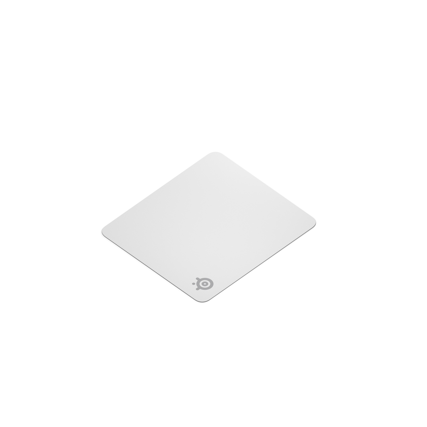 Tapis de souris SteelSeries blanc avec le logo en bas à droite. Il est sur un fond blanc.