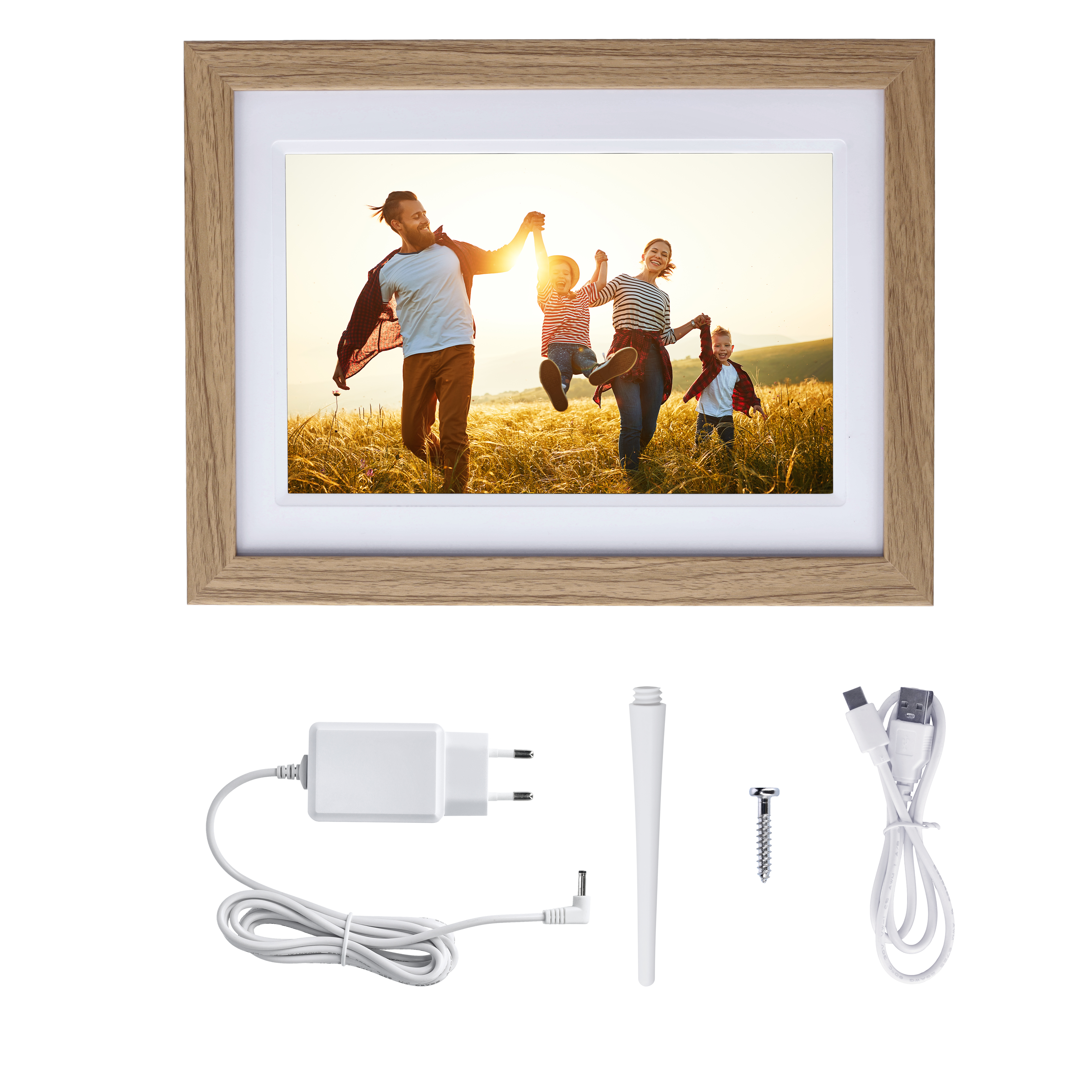 Ein gerahmtes Foto einer glücklichen Familie, die durch ein Feld rennt, mit Zubehör darunter.