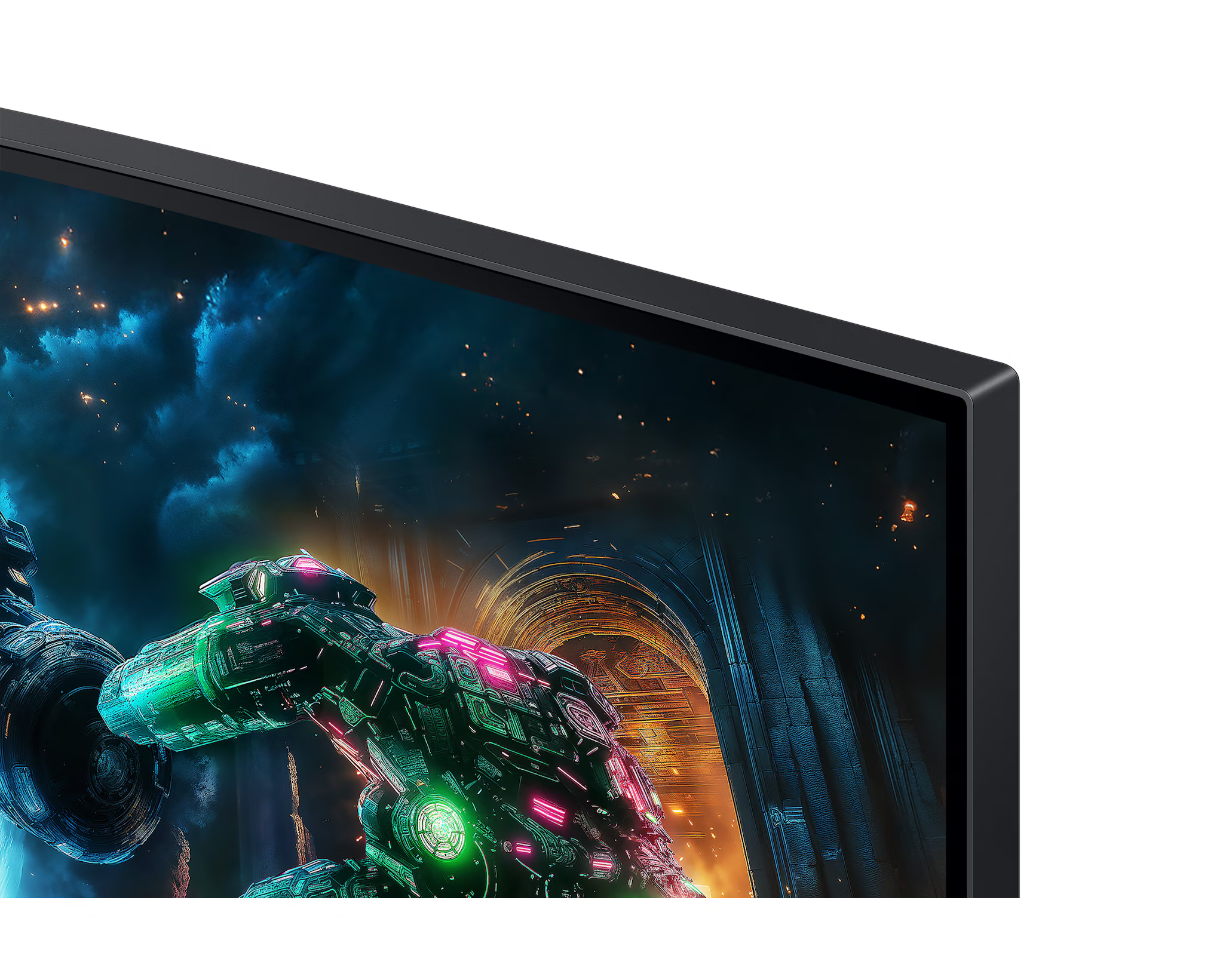 A monitor egy űrbéli jelenetet jelenít meg futurisztikus űrhajóval, ragyogó neon színekkel és sötét, felhős háttérrel.