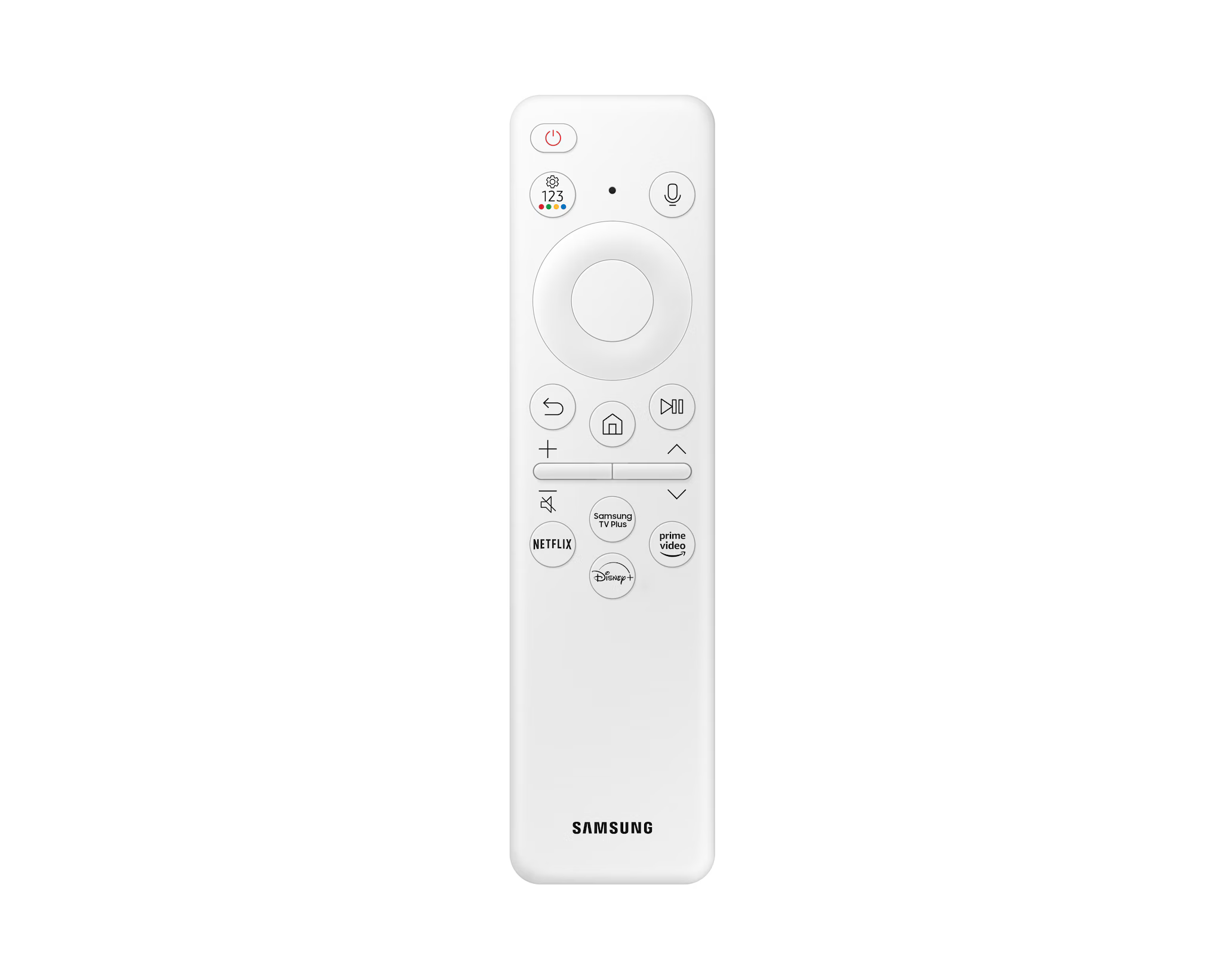 Fehér Samsung TV távirányító. Sok gombja van, beleértve a bekapcsolást, a hangerőt, a csatornákat és a streaming szolgáltatásokat.