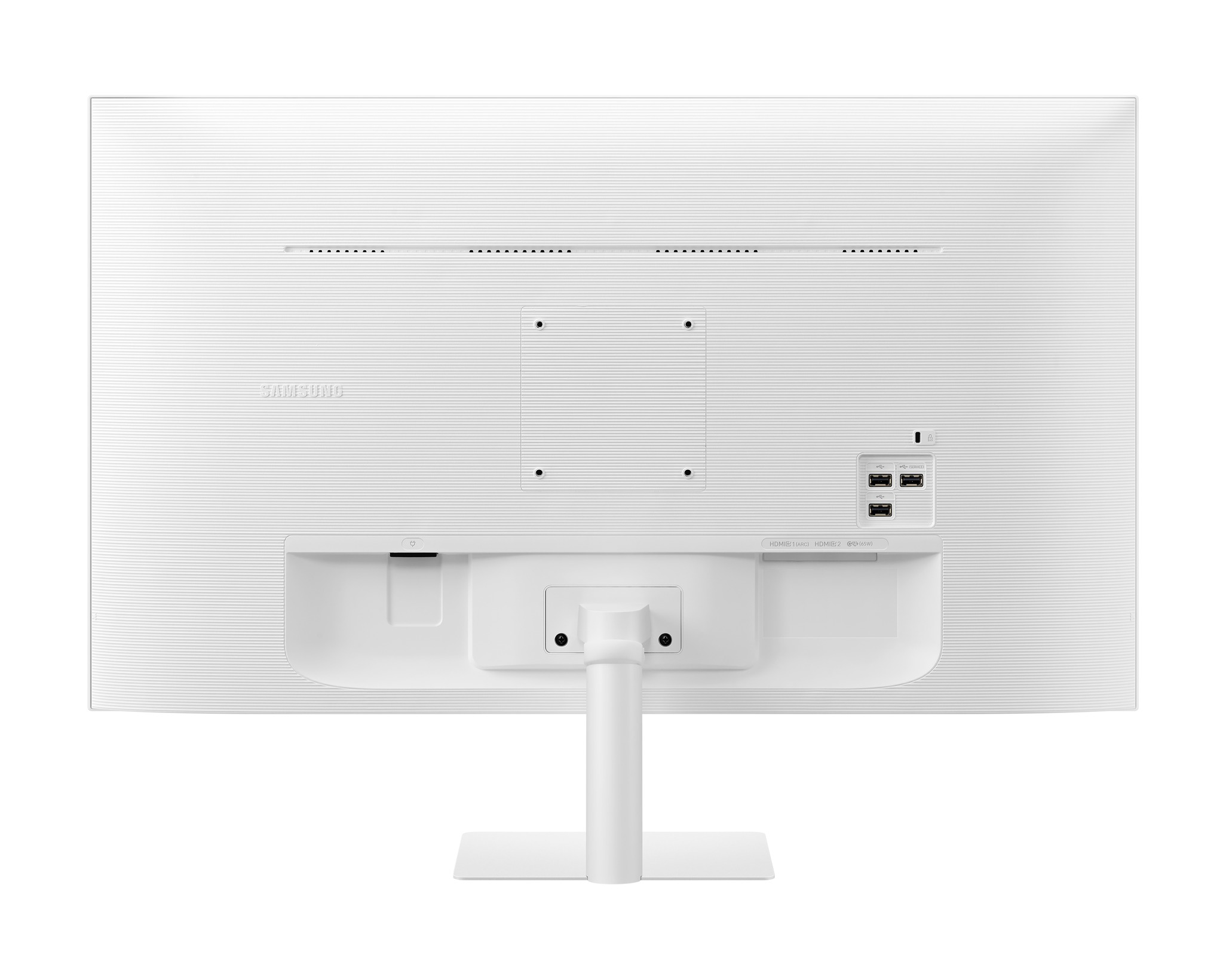 Egy fehér Samsung monitor hátulja. Portok és állvány láthatók. A felület texturált mintázatú.