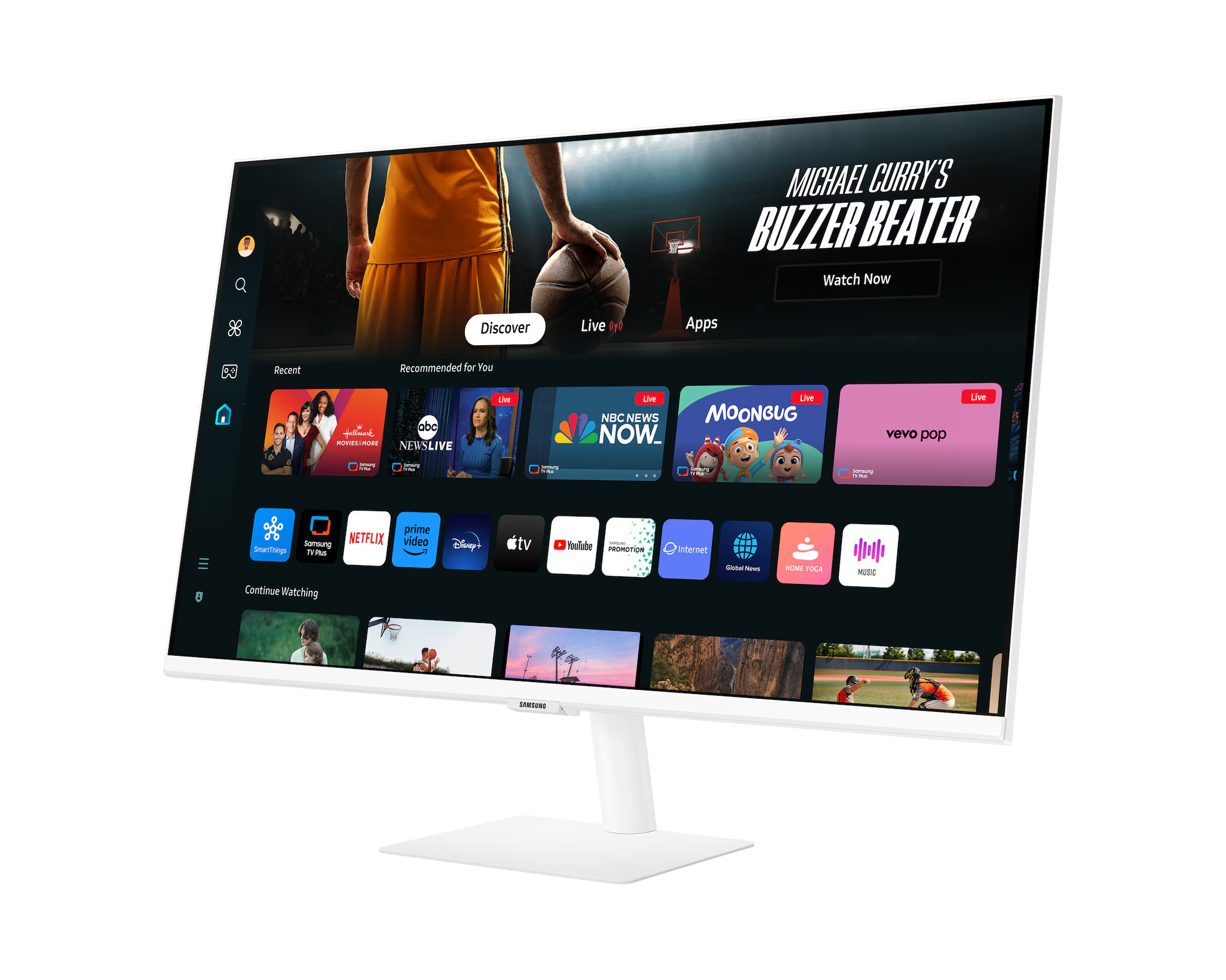 Egy fehér Samsung monitor kosárlabdameccs hirdetését jeleníti meg. A képernyőn több alkalmazásikon és tartalom-előnézet látható.