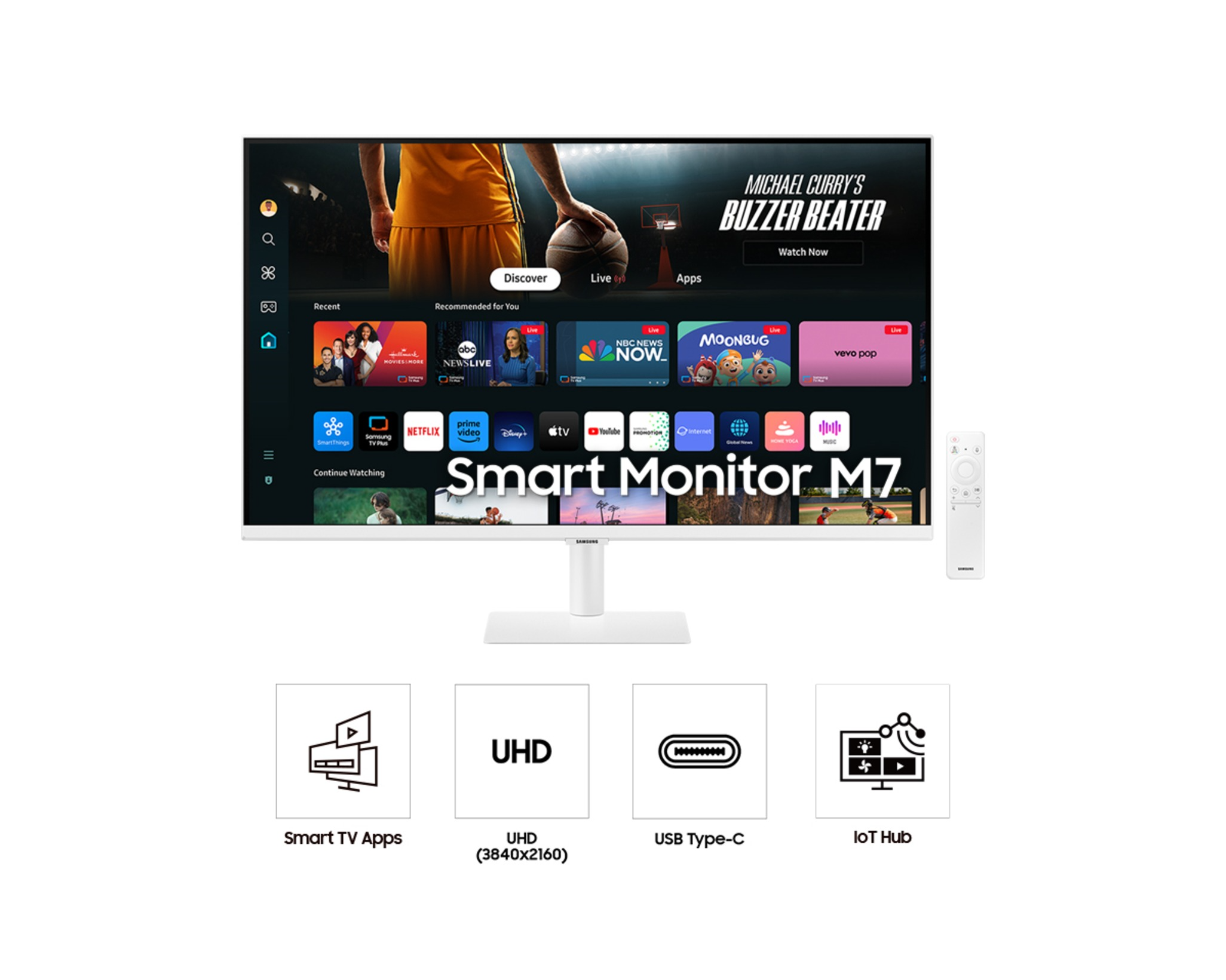 Fehér Samsung Smart Monitor M7. Kosárlabdameccset jelenít meg. Smart TV alkalmazások, UHD, USB Type-C és IoT Hub ikonok láthatók.