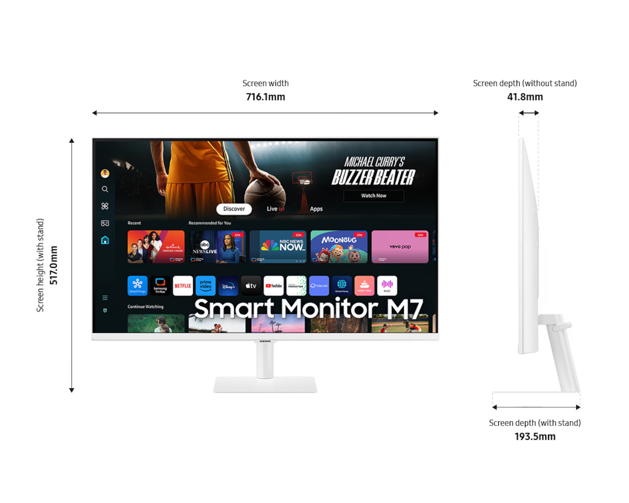 Egy fehér Samsung Smart Monitor M7. A képernyőn kosárlabdameccs és alkalmazásikonok láthatók. Méretek láthatók.