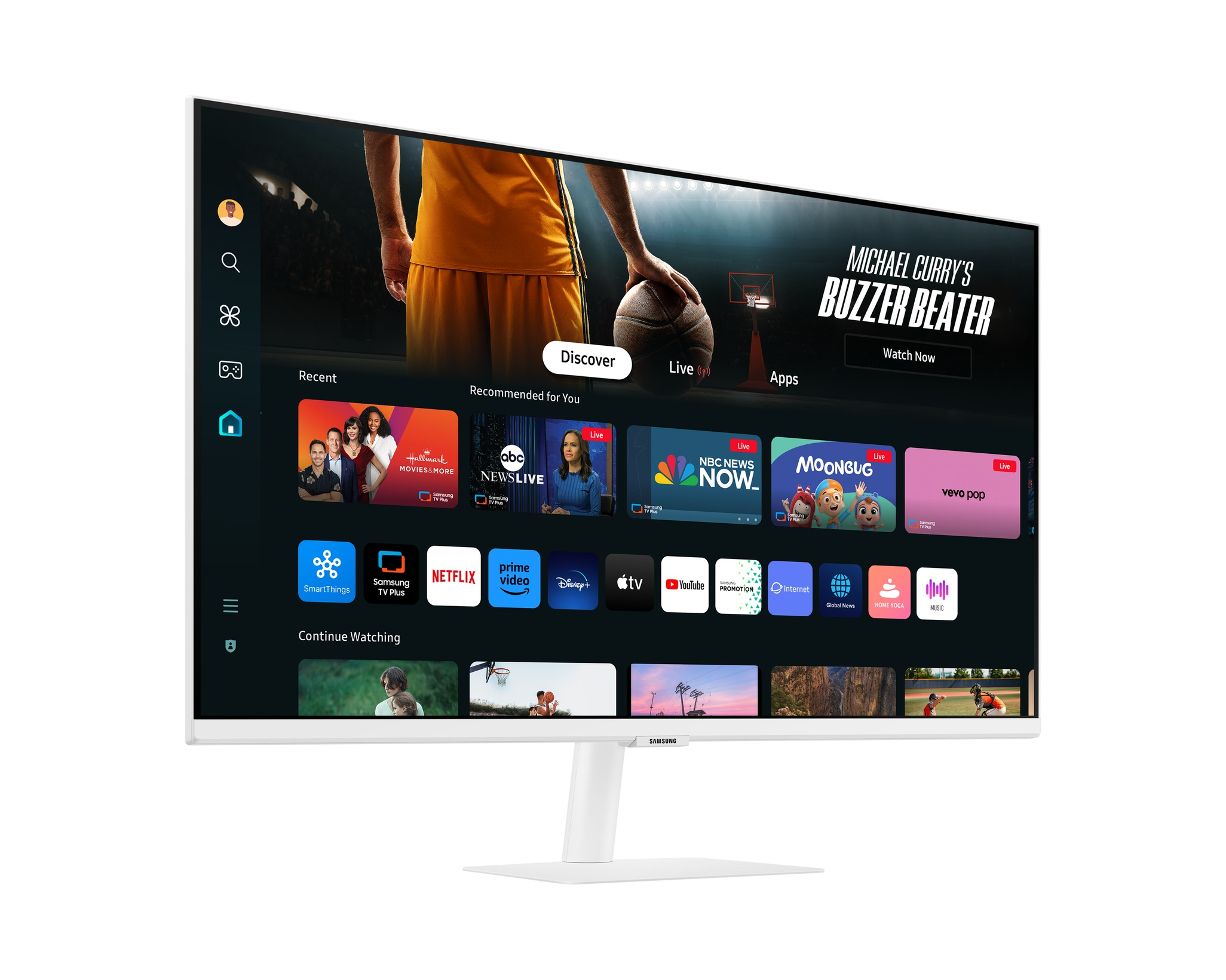 Egy fehér Samsung monitor TV-felületet jelenít meg kosárlabdás felvételekkel. Az alkalmazások között szerepel a Netflix, a YouTube és a Disney+.