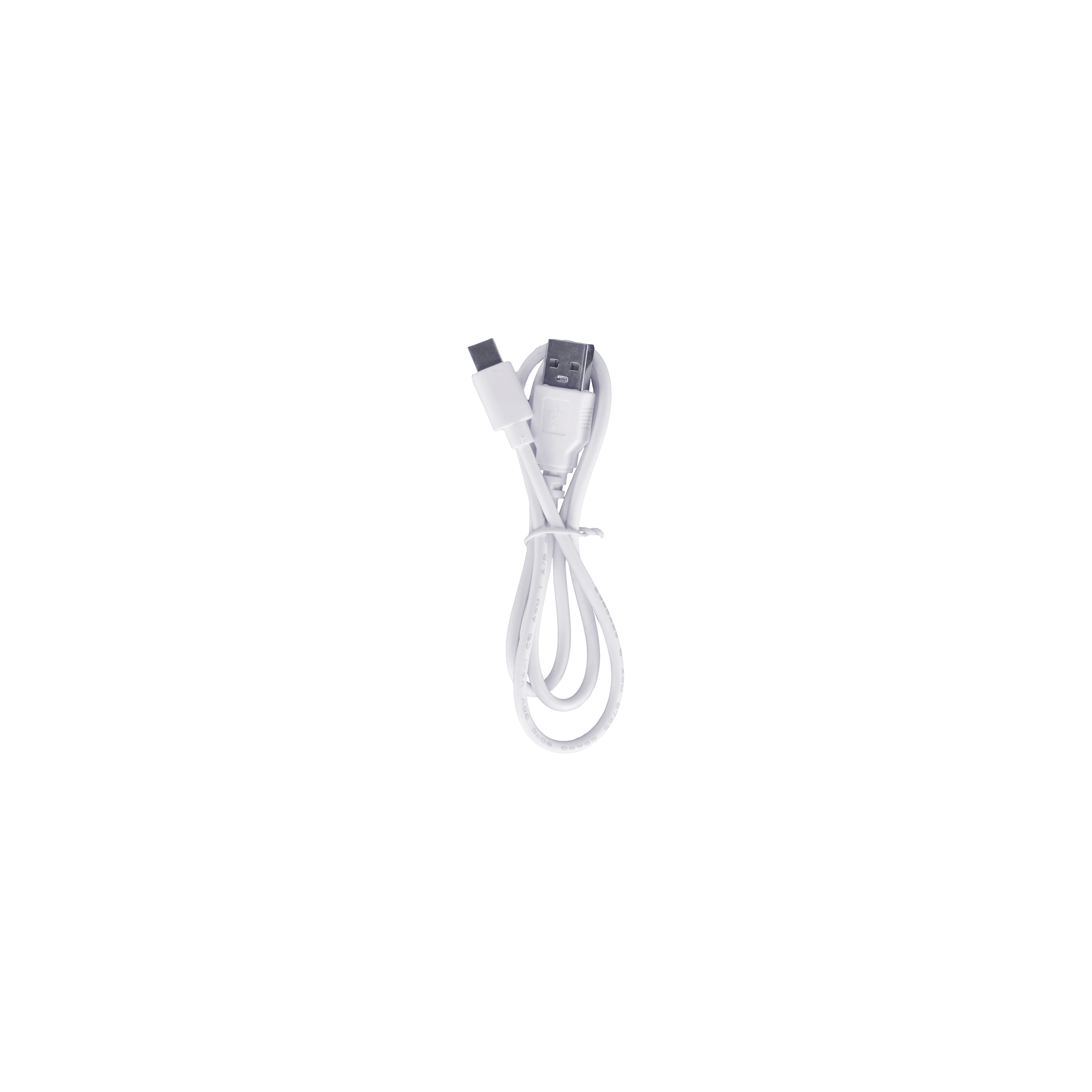 Ein weißes USB-Kabel auf weißem Hintergrund. Das Kabel ist in einer Schleife gefaltet, mit USB- und USB-C-Anschlüssen.