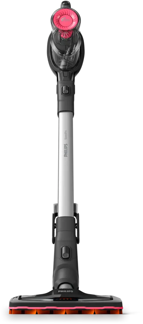 Egy Philips SpeedPro porszívó. Szürke fogantyúja, rózsaszín-narancs kefe feje van. A háttér fekete.