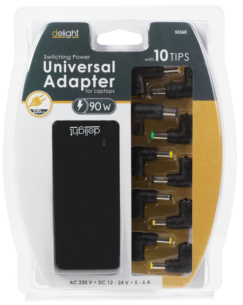 Egy univerzális laptop adapter 10 heggyel, átlátszó műanyag csomagolásban. Fekete adapterrel rendelkezik.