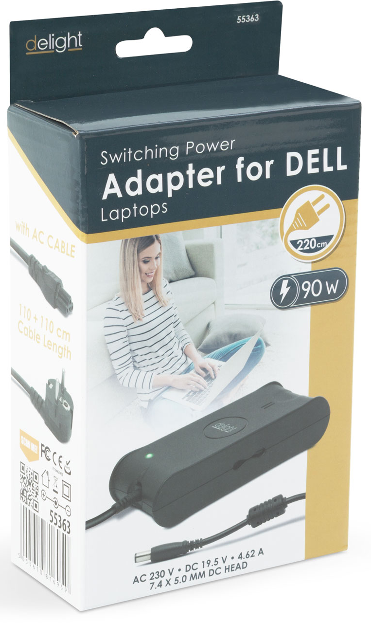 Doboz Dell laptop adapterrel. Tartalmaz AC kábelt, laptopozó nőt, és technikai részleteket, például feszültséget és teljesítményt.