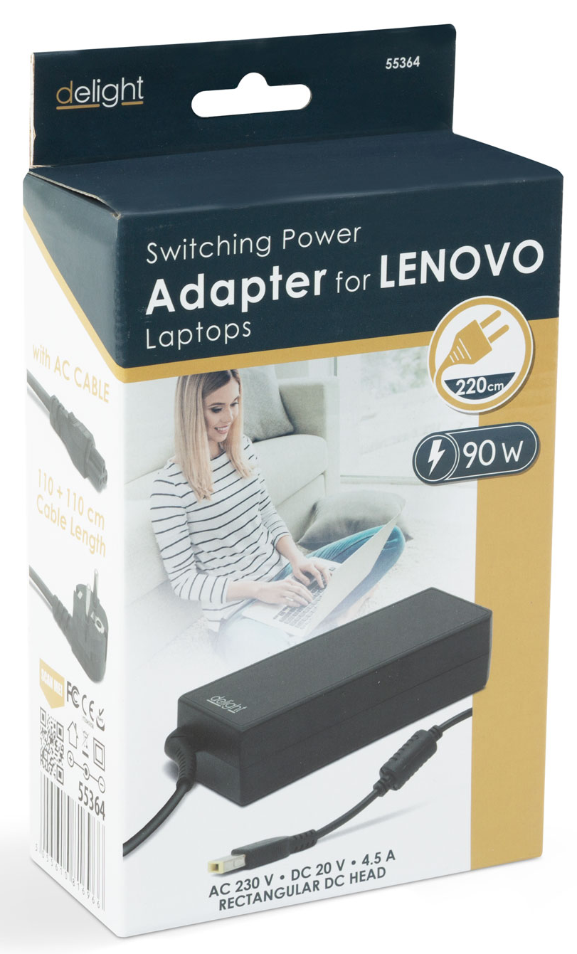Doboz Lenovo laptop adapterrel. Tartalmaz egy nőt, aki laptopot használ, egy fekete adaptert és a kábel részleteit.