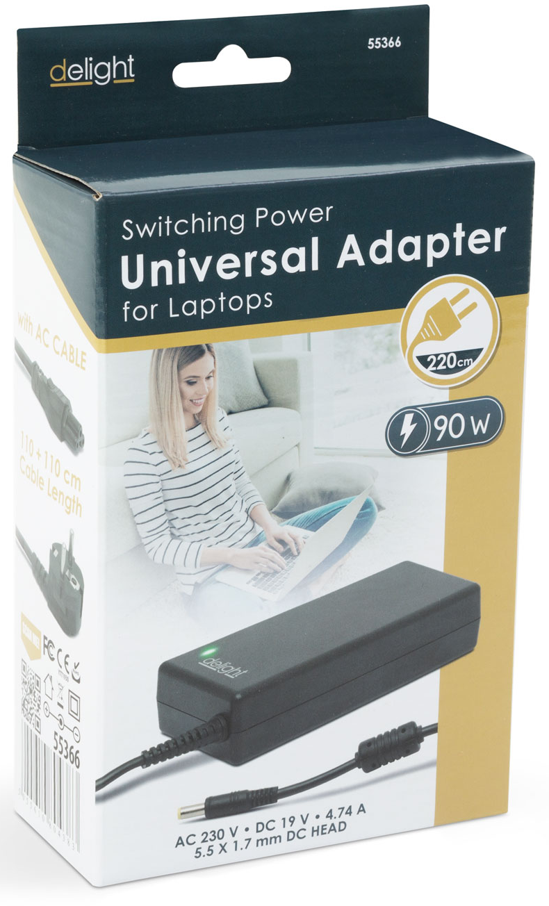 Laptop adapterrel ellátott doboz. Egy nőt mutat, aki laptopot használ. Az adapter fekete. A szöveg 90 W-ot és 220 cm-es kábelt jelez.