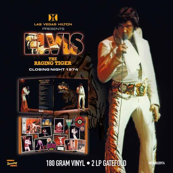 Elvis fehér öltönyben, mikrofont tart. A 'The Raging Tiger' című vinyl borítója látható. A háttér sötét, tigris mintával.
