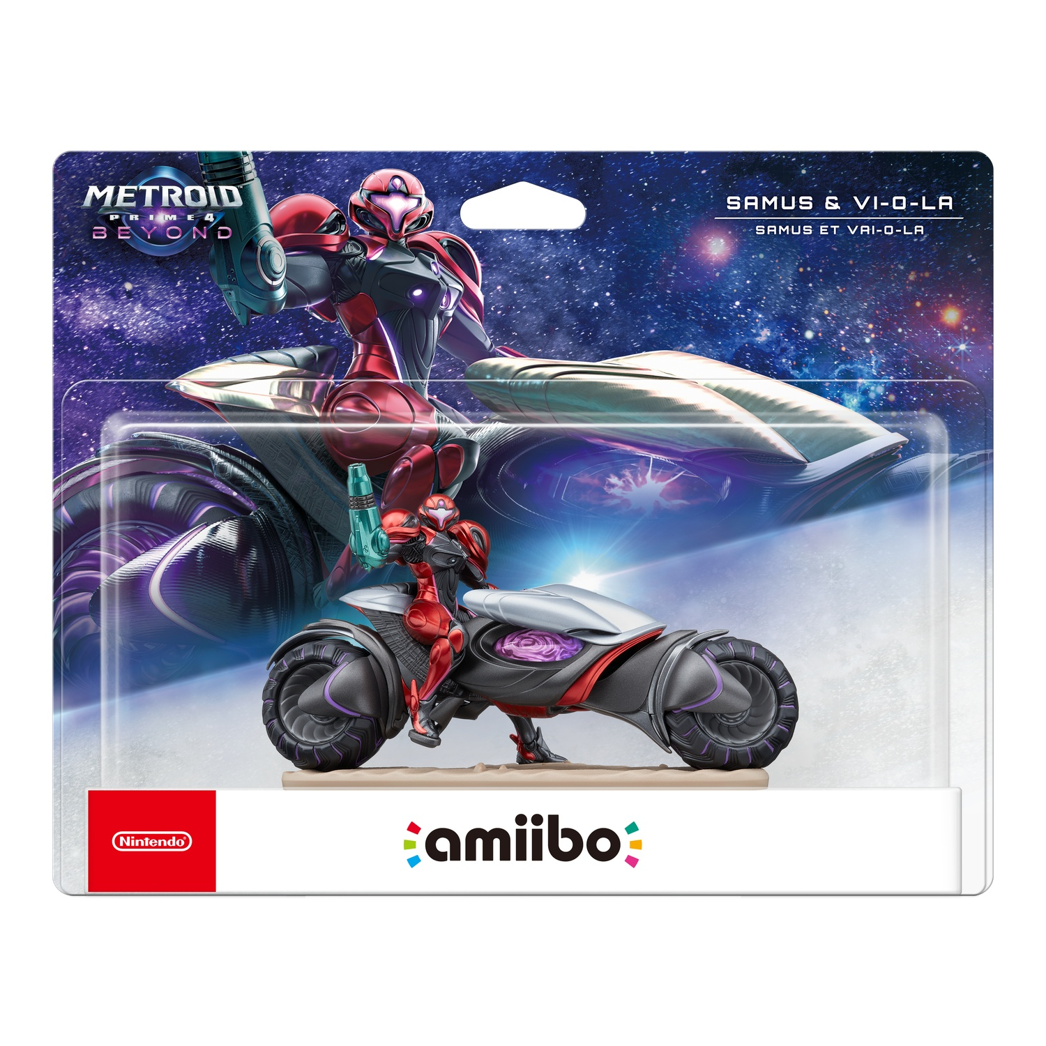 A Metroid Prime 4 amiibo figure of Samus on a futuristic bike. The packaging reads "SAMUS & VI-O-LA" with the Nintendo logo.