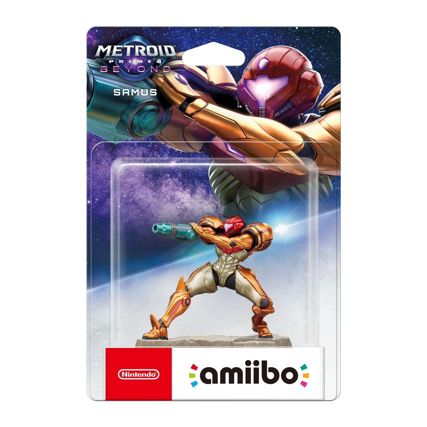 Samus Amiibo-figuur in verpakking. Het toont Samus Aran in oranje harnas, die een wapen richt. De verpakking heeft het Metroid Prime 4 logo.