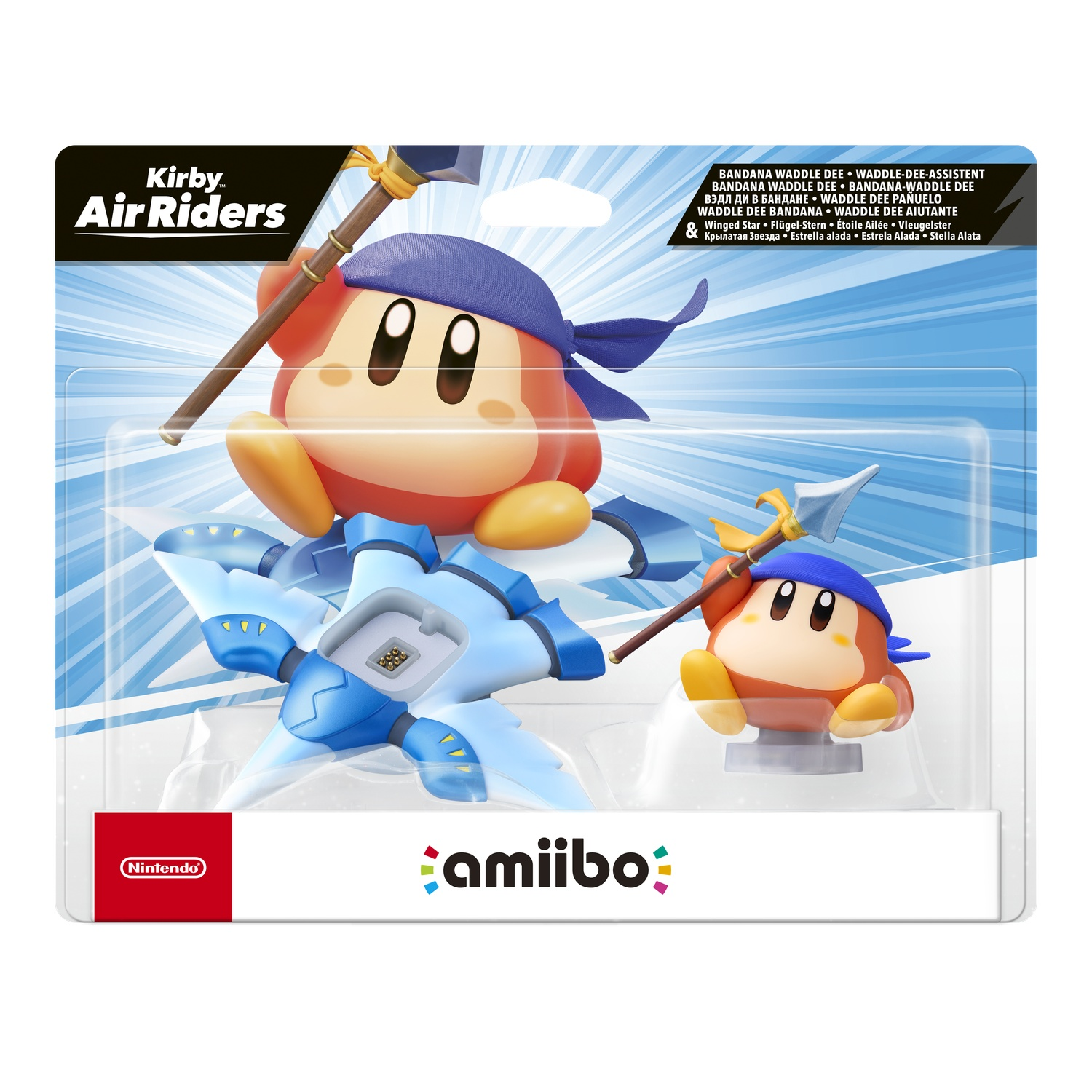 Amiibo packaging featuring Bandana Waddle Dee with spear, on a blue vehicle. The packaging has a Nintendo logo and amiibo branding.