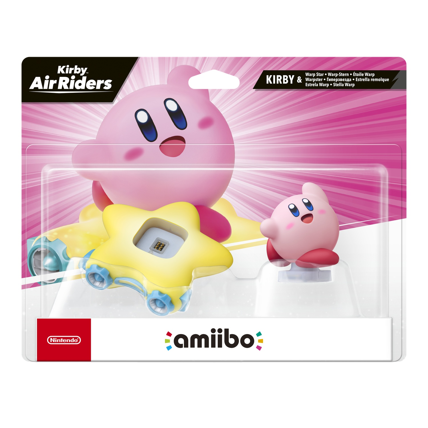 A packaged Kirby Air Riders amiibo figure. It features a pink Kirby on a star-shaped vehicle and a smaller Kirby figure.