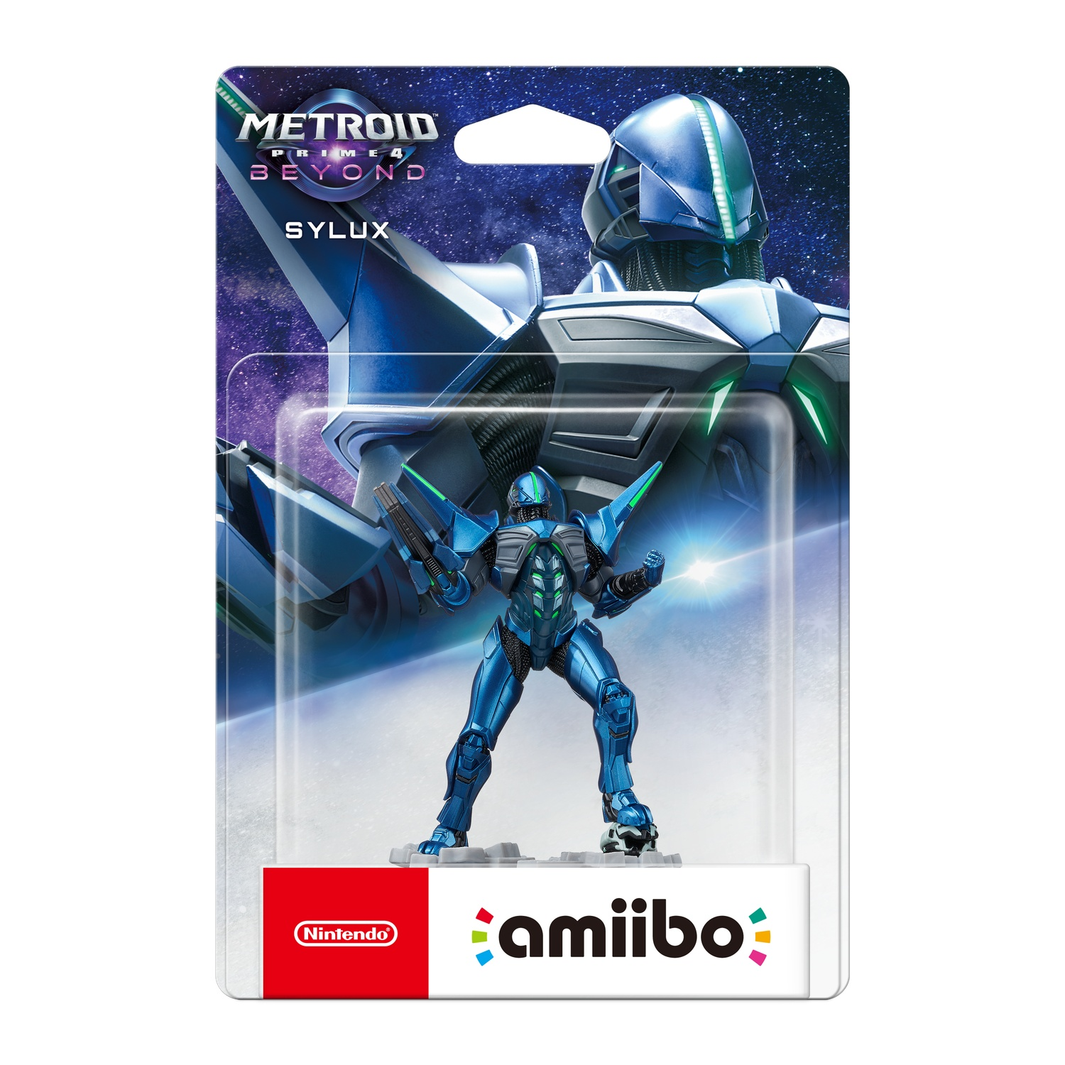 A Metroid Prime 4 Sylux amiibo figure in a package. The figure is blue, the background shows a space scene and a large robot.