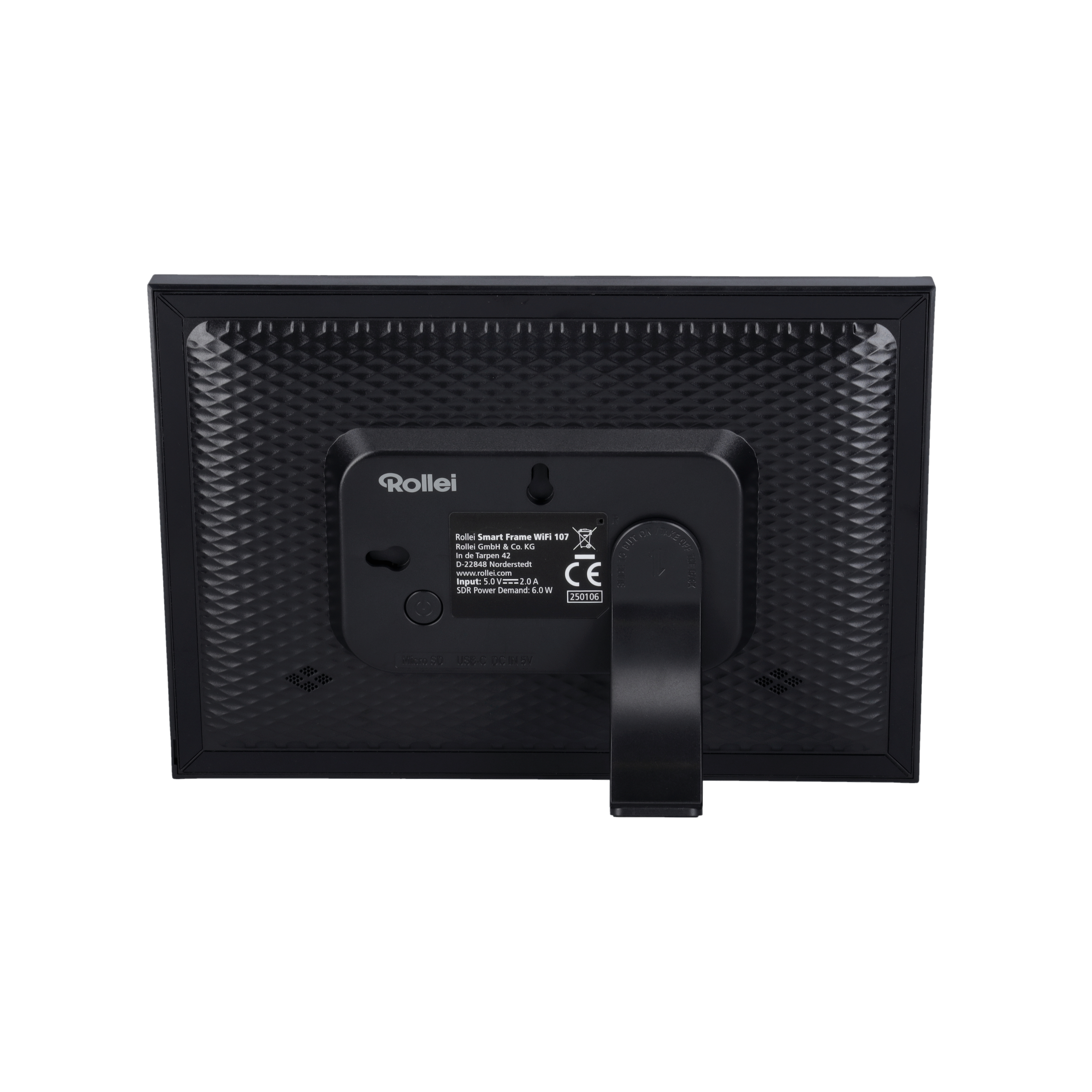 Rückseite eines schwarzen Rollei Smart Frame mit Ständer. Es hat ein strukturiertes Muster und Produktinformationen.