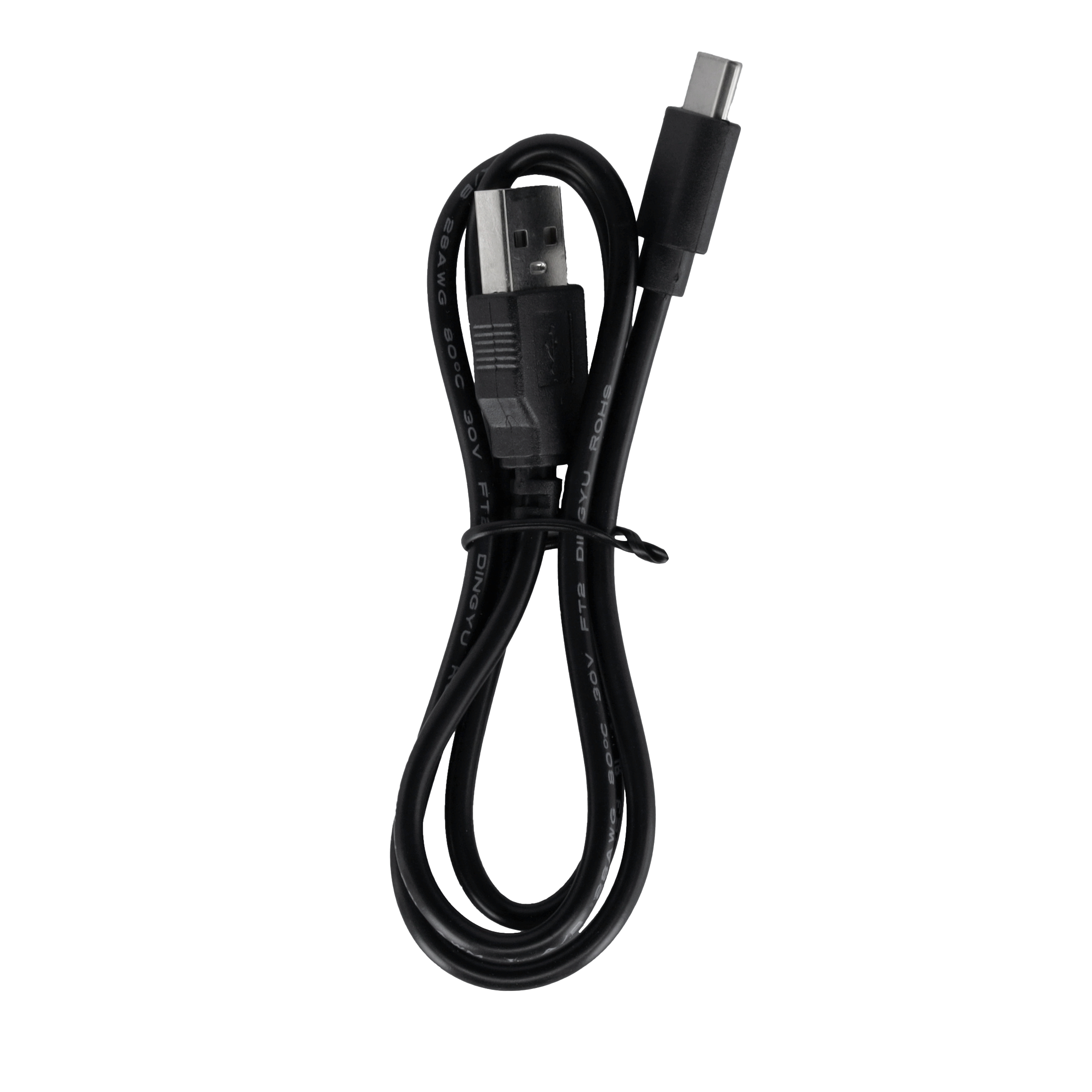 Ein schwarzes USB-Kabel mit einem USB-A- und einem USB-C-Anschluss, mit einem kleinen schwarzen Band gebunden, isoliert auf weißem Hintergrund.