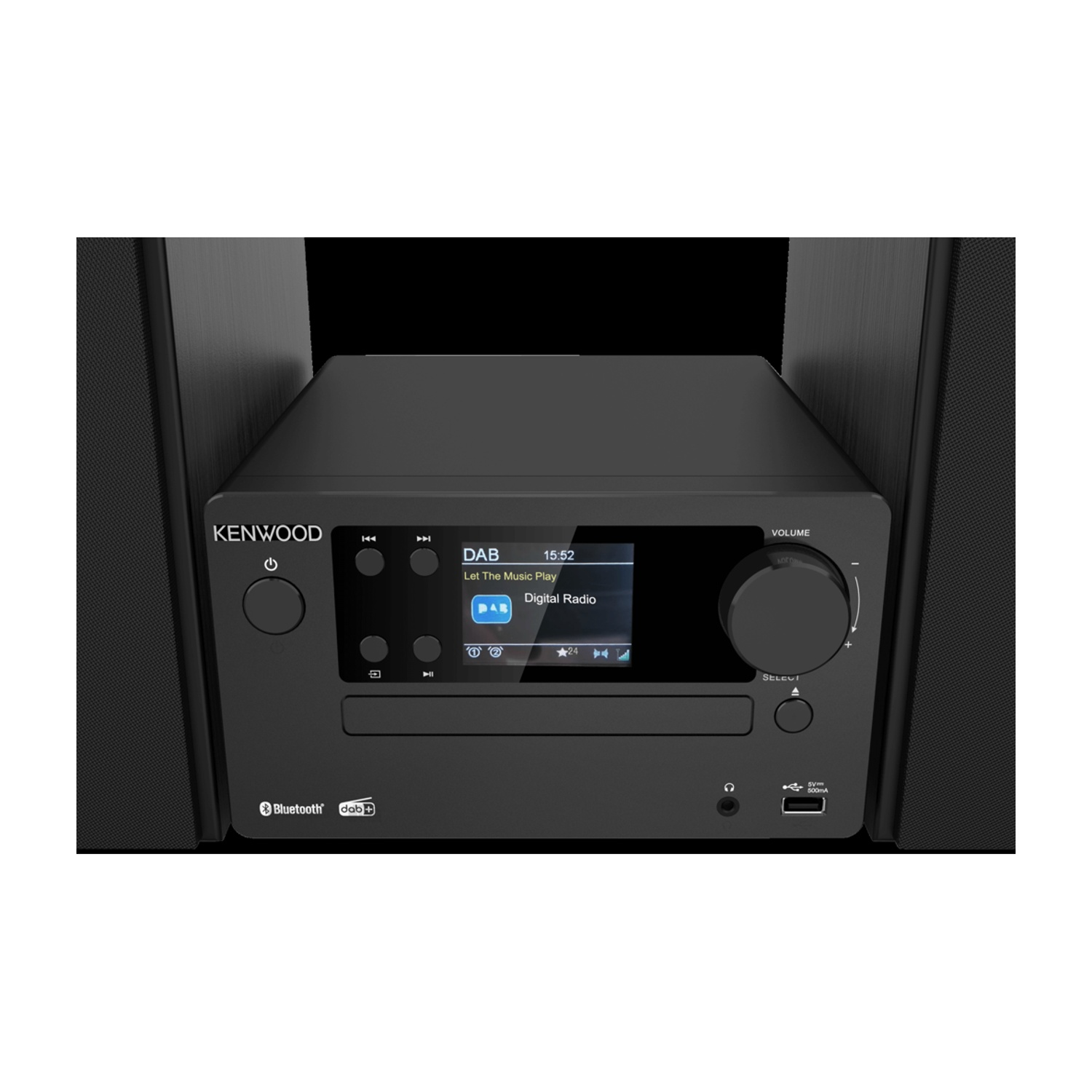 Un impianto stereo Kenwood nero con display 'Let The Music Play'. Include altoparlanti e controllo del volume.