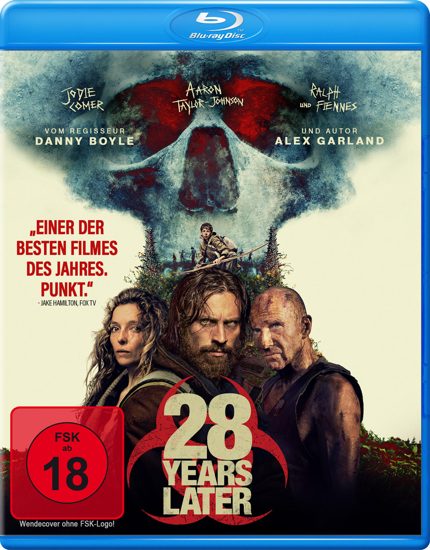 Blu-ray-Cover für den Film '28 Years Later'. Enthält Schauspieler, Regisseur und ein Totenkopf-Design. Rote FSK 18-Einstufung.