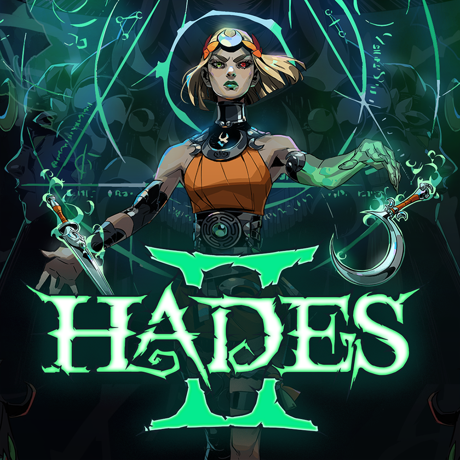 Illustration of a woman with green skin and blonde hair holding weapons, with the game title "Hades II".